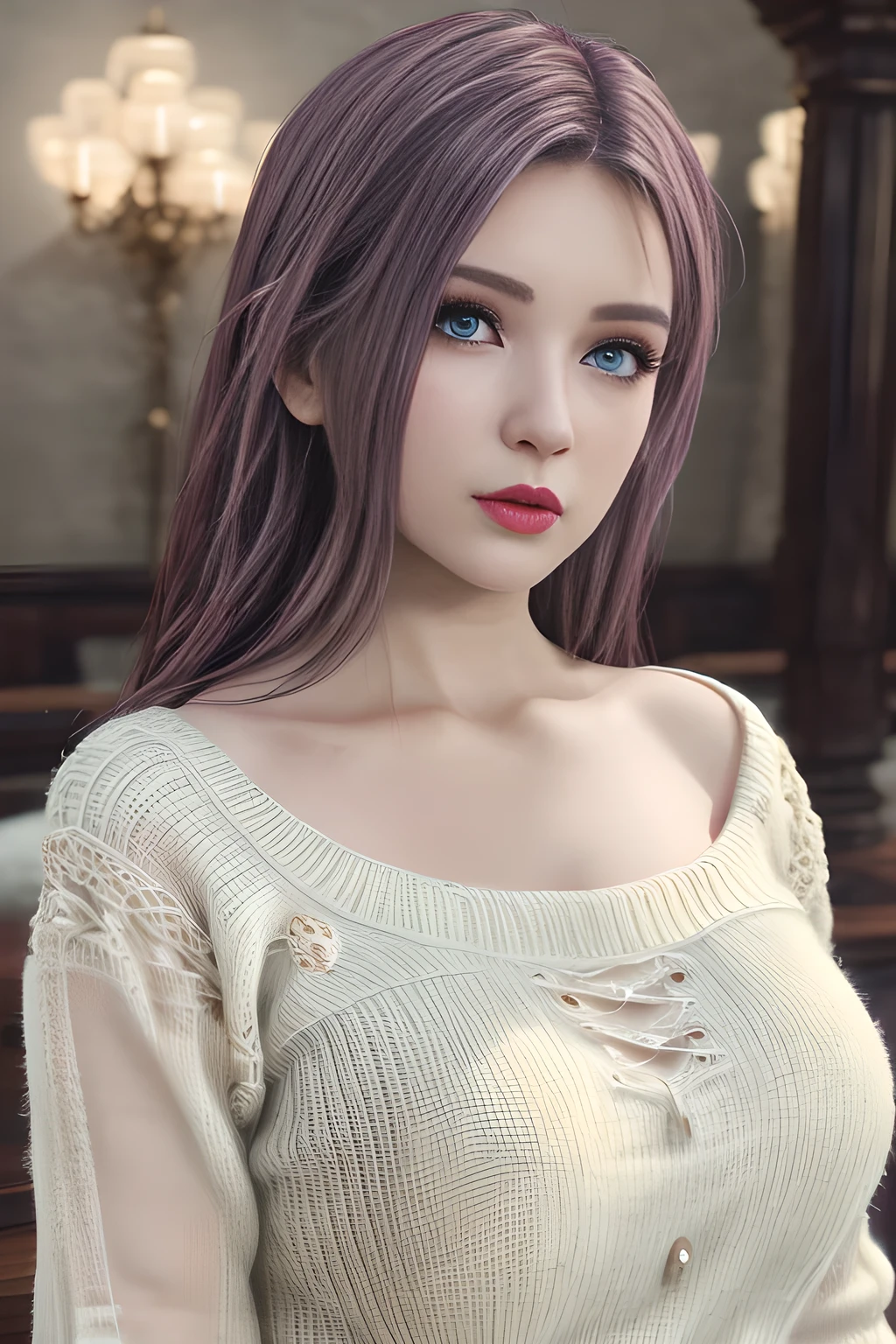 1girl, (best quality,4k,8k,highres,masterpiece:1.2),ultra-detailed,(realistic,photorealistic,photo-realistic:1.37), detailed eyes, detailed nose, detailed lips, sexy, low cut white fluffy knitted dress, elegant, detailed texture, warm fabric, soft lighting, elise,