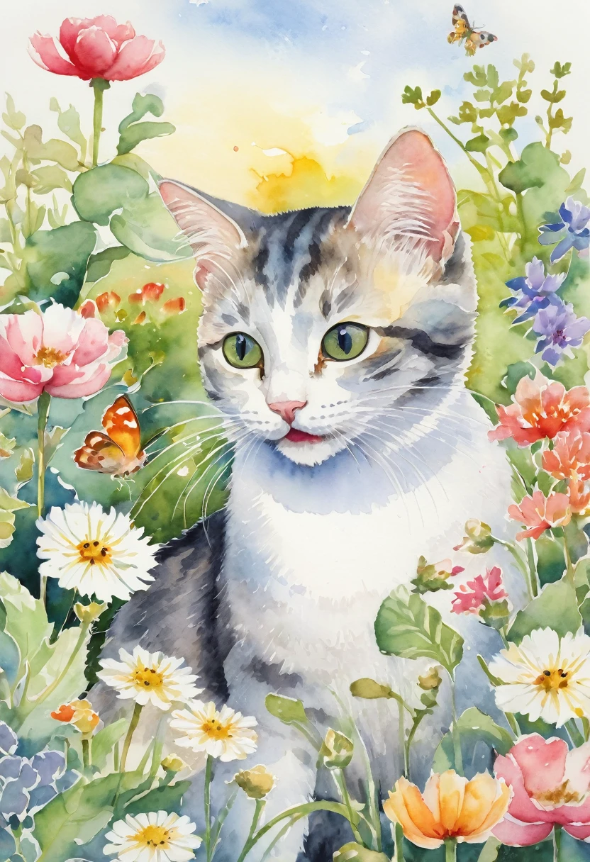 painting of a cat holding in its mouth a mouse by its tail in a garden with flowers, inspired by Beatrix Potter, by Miao Fu, by Li Keran, by Ni Duan, illustration!, by Kusumi Morikage, detailed watercolour, by Mei Qing, by Ni Tian, watercolor detailed art, by Nadya Rusheva, children’s book illustration, children's book illustration