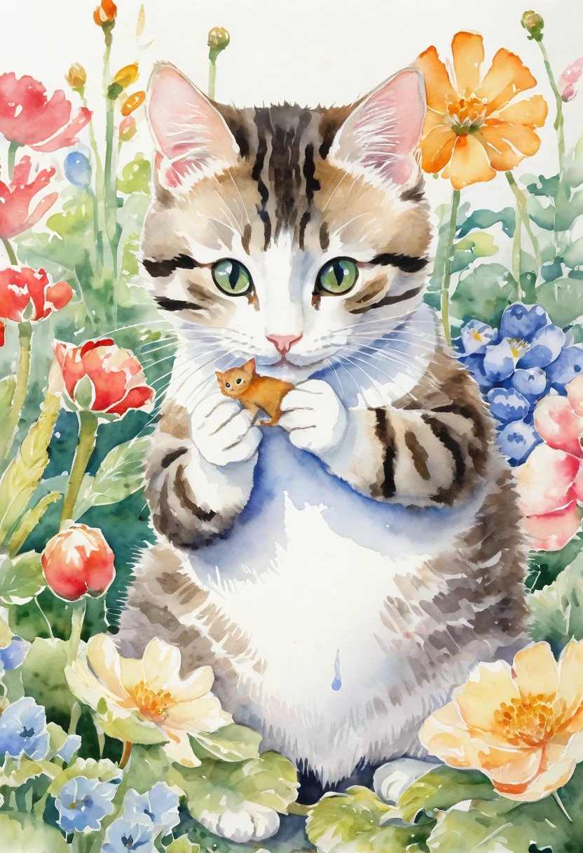 painting of a cat holding in its mouth a mouse by its tail  in a garden with flowers, inspired by Beatrix Potter, by Miao Fu, by Li Keran, by Ni Duan, illustration!, by Kusumi Morikage, detailed watercolour, by Mei Qing, by Ni Tian, watercolor detailed art, by Nadya Rusheva, children’s book illustration, children's book illustration