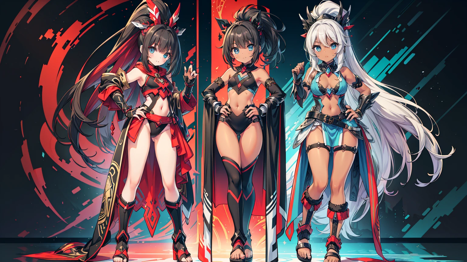 masterpiece, best quality, absurdres, 3 girls (((full body))), standingn, lots of clothes, from head to toe (((three character))), female, (((dark skin))), a mix of tech and tribal, Black hair with a ponytail, Light Blue eyes, and a Light Blue frame, ((Black Metallic Gauntlets and Greaves with Red and Silver Highlights)), (((The Clothes have a Mix of Modern and Tribal))), mostly black, but with parts in red, Shoulders on Display, On the hip, a short that extends to mid-thigh in black, full body