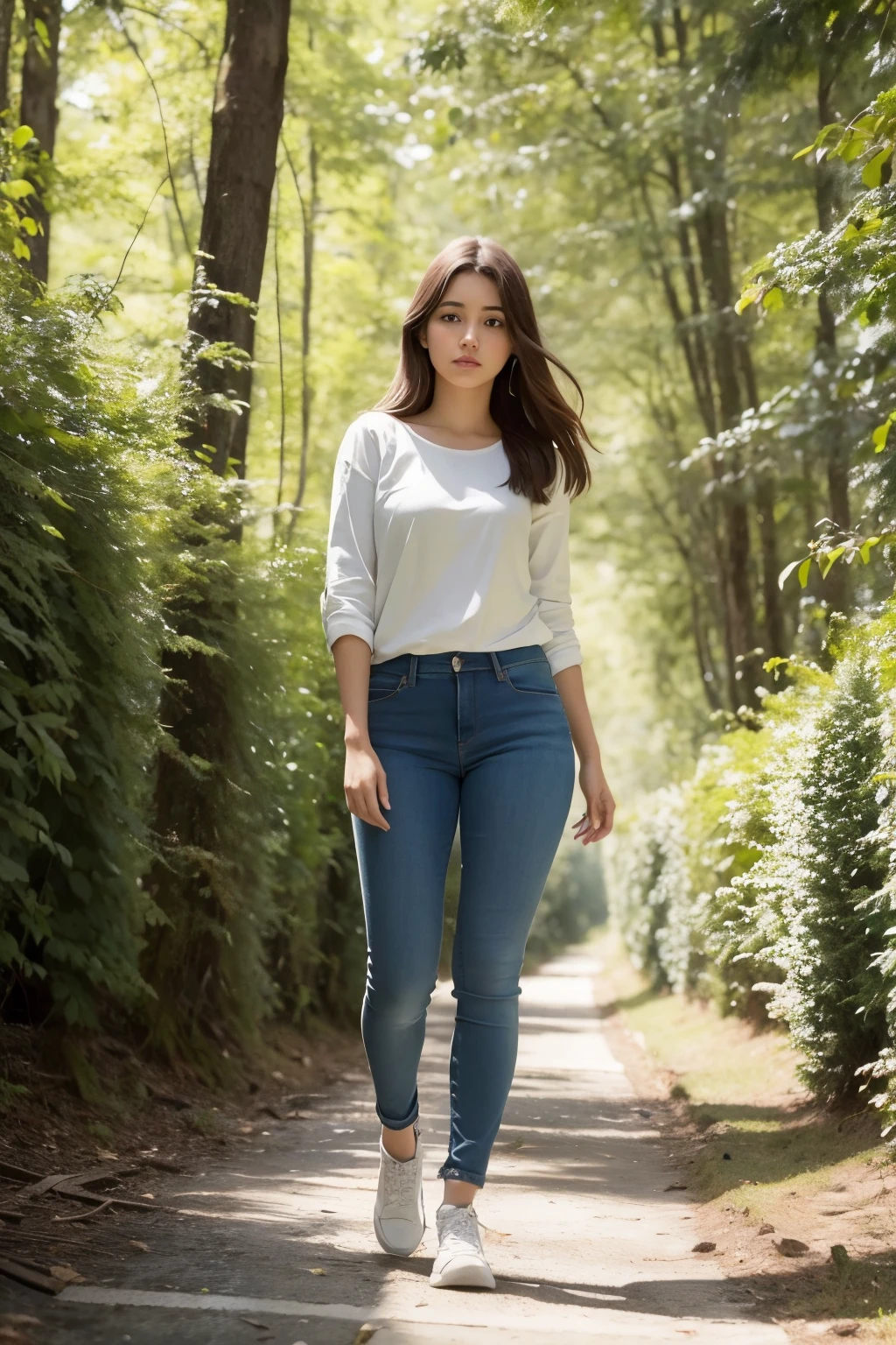 long shot of a teenage girl in jeans and a white shirt. ((melhor qualidade)), uma floresta misteriosa com ar de medo e suspense. surrealista. imagem de cinema
((obra de arte)), (detalhado), rosto perfeito