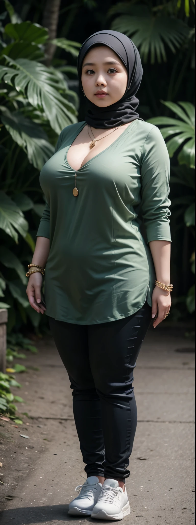 1 malay-Indonesia girl, modern plain hijab, shy, medium portrait, watery eyes, wearing dark green kebaya, ((big breasts)), black bokeh background, well-proportioned body,, chubby massive thighs, full body pose, wearing a necklace , wearing 10 bracelet , wearing a sneaker 