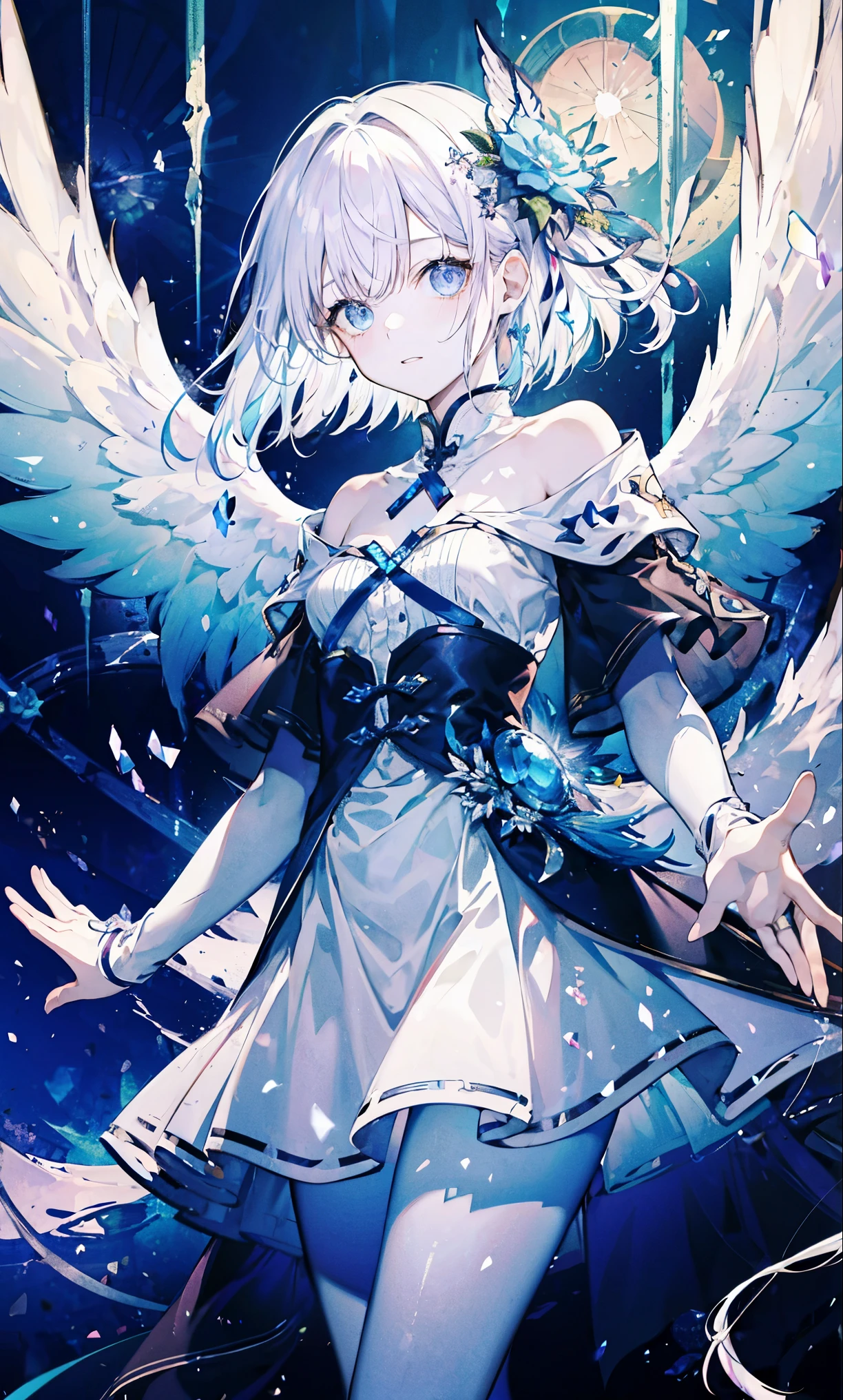 The angel is depicted with a pale and glowing cot has heterochromatic eyes.、Its skin seems to radiate an otherworldly glow。he、Symbol of divinity、Decorated with a pair of shining Fair wings。This scene is so wonderful.、它捕捉了這些天體的美麗和mystery。Angelic、pale、glow、color、shine、A rare treasure、Brilliance、shine、Fair、wingspan、sanctity、Fair、charming、beauty、mystery。