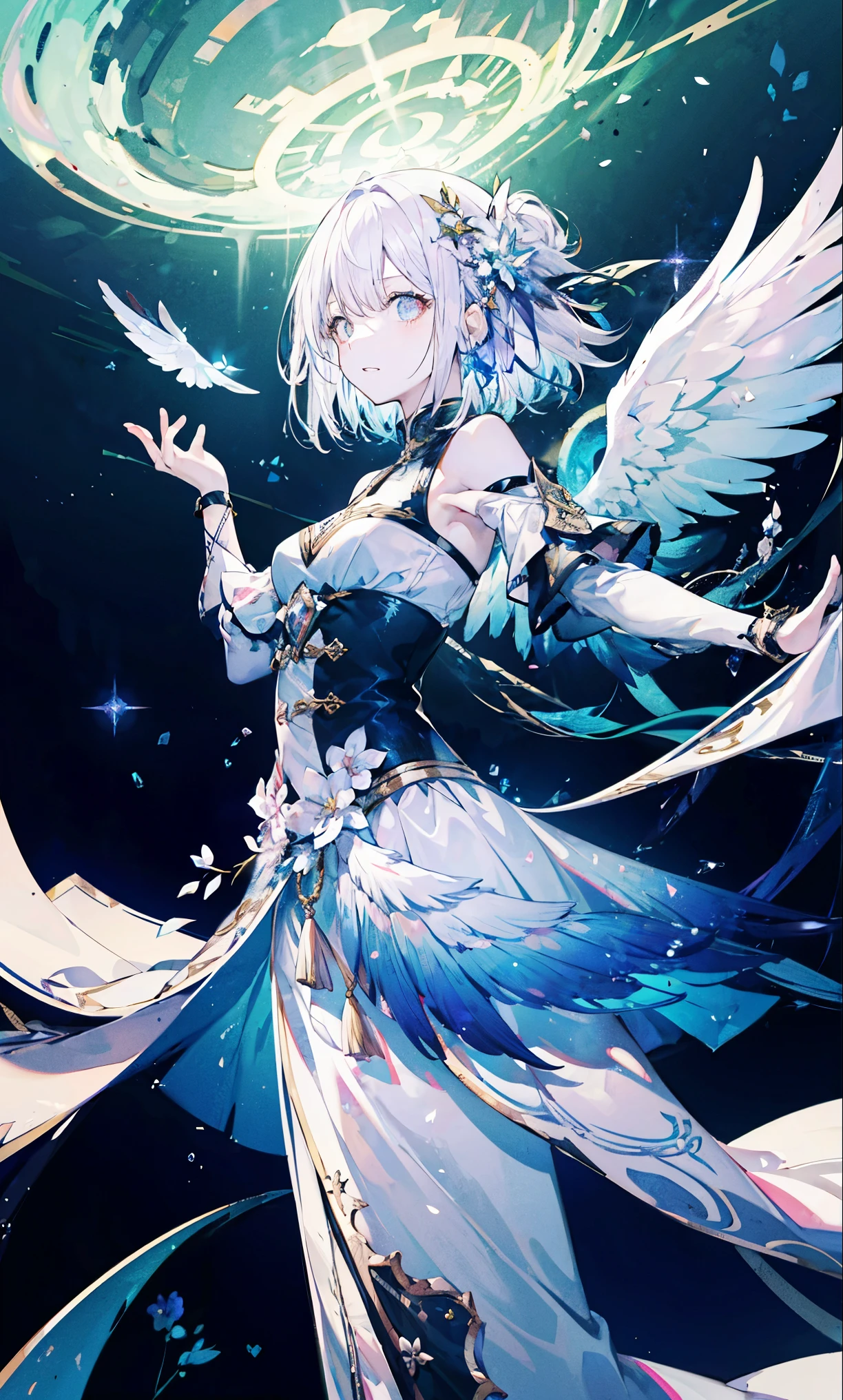 The angel is depicted with a pale and glowing cot has heterochromatic eyes.、Its skin seems to radiate an otherworldly glow。he、Symbol of divinity、Decorated with a pair of shining Fair wings。This scene is so wonderful.、它捕捉了這些天體的美麗和mystery。Angelic、pale、glow、color、shine、A rare treasure、Brilliance、shine、Fair、wingspan、sanctity、Fair、charming、beauty、mystery。