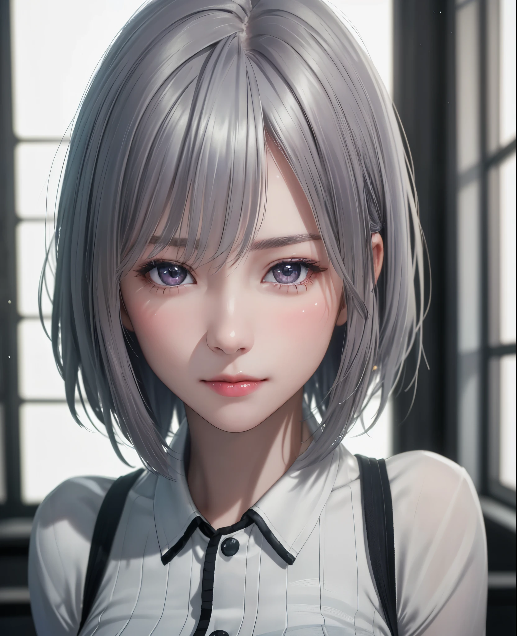 (8K, Photorealistic, Raw photo, of the highest quality: 1.3), (1girl in), Super beautiful, (Realistic face), (boyish, Silver Color Berry Shorthair), Beautiful , Glare that captivates the viewer, Beautiful expression, Beautiful breasts, (Realistic skin), Be...