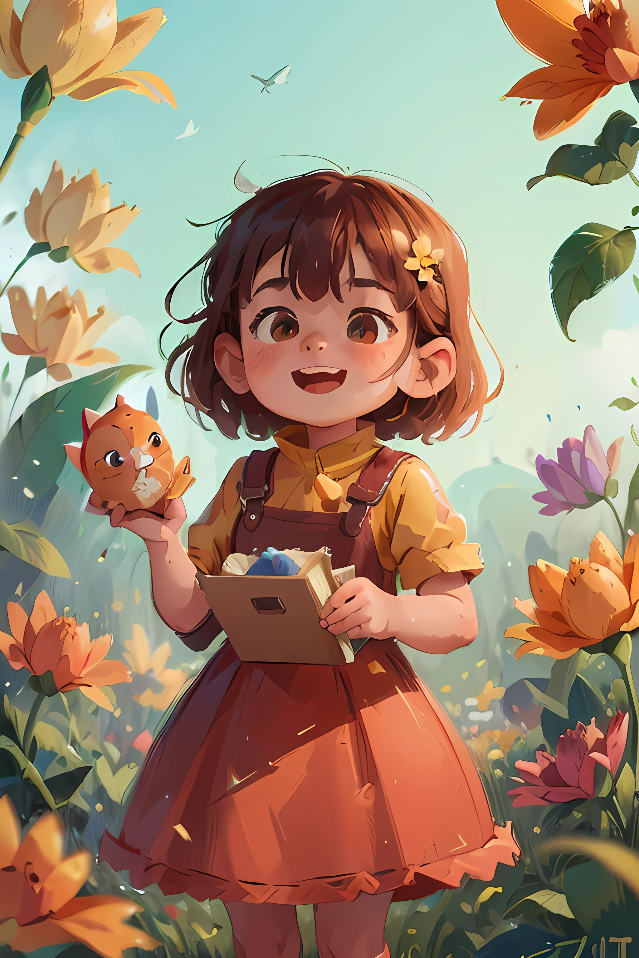 ((best quality)), ((masterpiece)), (detailed), high resolution, perfect face, perfect composition, 8k, high quality, trending art, trending on artstation, The beautiful charming girl brought the cat cheerfully, surrounded by flying flowers, in the afternoon