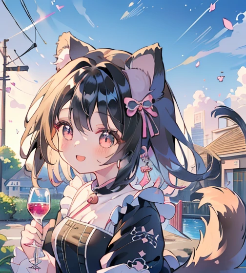 absurderes, hight resolution, (Anime style:1.1), ((masutepiece)), ((Best Quality)), (Ultra-detailed), (Beautiful),Beautiful face、(liftup),Cute  s、((((dog ears、Dog tail、a smile))))Black hair、fluffy hair、Glitter eyeaid clothes、Black dress、Dog Girls(((((1girl in)))))a park