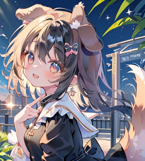 absurderes, hight resolution, (Anime style:1.1), ((masutepiece)), ((Best Quality)), (Ultra-detailed), (Beautiful),Beautiful face、(liftup),Cute s、((((dog ears、Dog tail、a smile))))Black hair、fluffy hair、Glitter eyeaid clothes、Black dress、Dog Girls(((((1girl in)))))a park