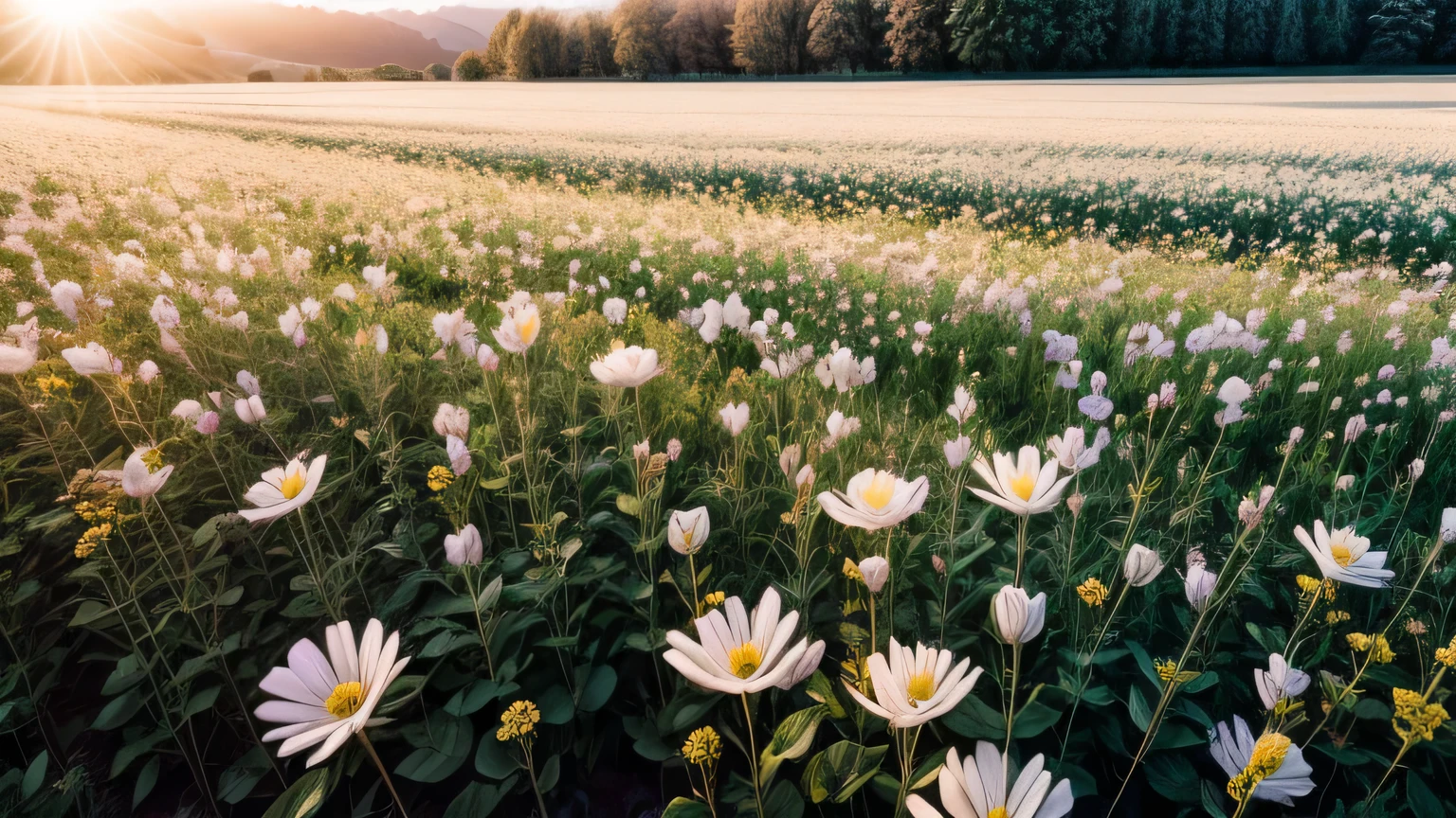 High resolution, highest quality, Pale-colored flower field, Soft Light, photograph, Shooting with a digital SLR, 8k