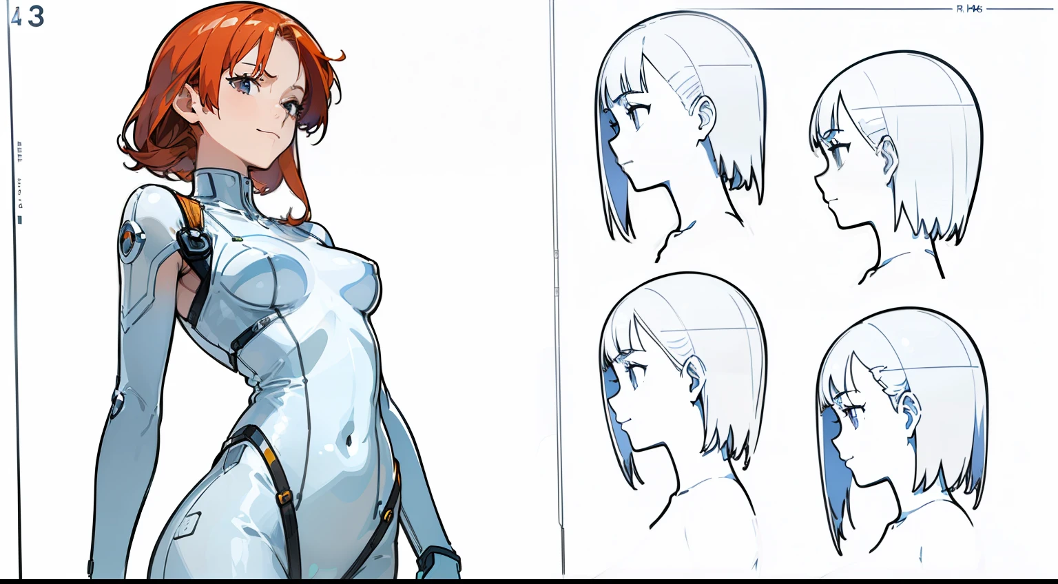 ((highest quality)), ((masterpiece)), ((Realistic)) 19 years old, Redhead girl, Shoulder-length hair, Relaxed happy face ((thin)) (Big Breasts), ((( white transparent one piece skim bodysuit ))) ((sexy )) Textured Pixie Haircut (((Detailed character sheet, Front view, Side view, 3/4 Views))) (((White Background))) Six and a half whole bodies