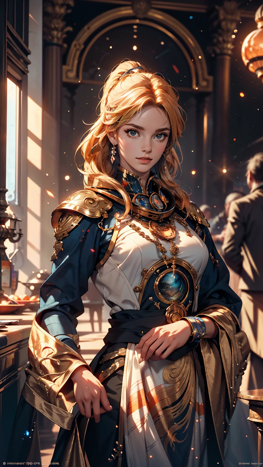 Female, 25 years old, Beautiful astronaut, 1950 , Deep blue eyes, Orange clotheetallic white details, Cinematic, photograph撮影, half Backlight, Backlight, Dramatic lighting , incandescent lamp, Soft lighting, Highly detailed and exquisite, Hypermaximalist, Non-style art by guweiz, Elegant pose, dynamic, photograph, Volumetric , Super detailed, Intricate details, A very detailed first piece by guweiz, Futuristic Environment