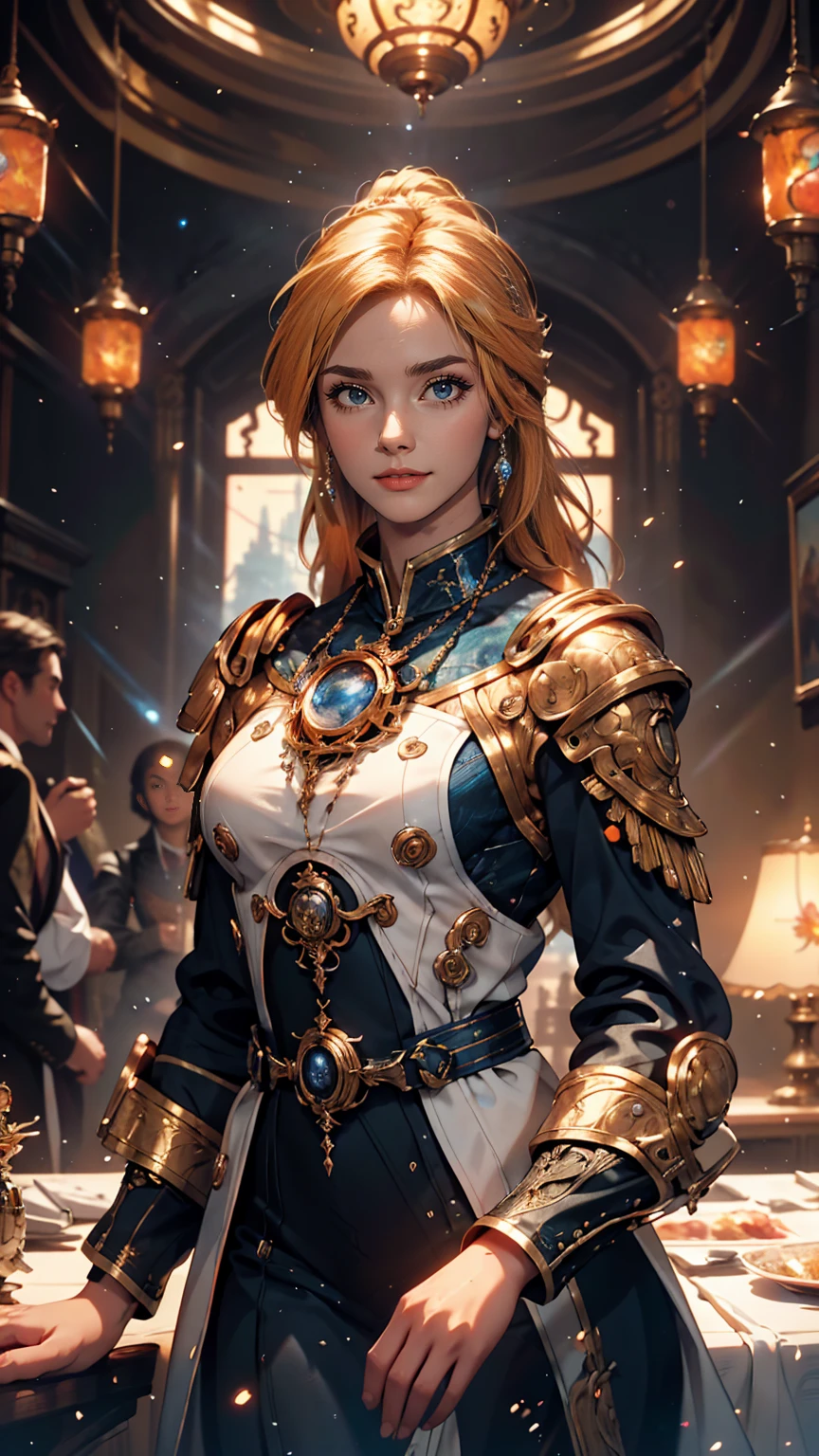 Female, 25 years old, Beautiful astronaut, 1950 , Deep blue eyes, Orange clotheetallic white details, Cinematic, photograph撮影, half Backlight, Backlight, Dramatic lighting , incandescent lamp, Soft lighting, Highly detailed and exquisite, Hypermaximalist, Non-style art by guweiz, Elegant pose, dynamic, photograph, Volumetric , Super detailed, Intricate details, A very detailed first piece by guweiz, Futuristic Environment