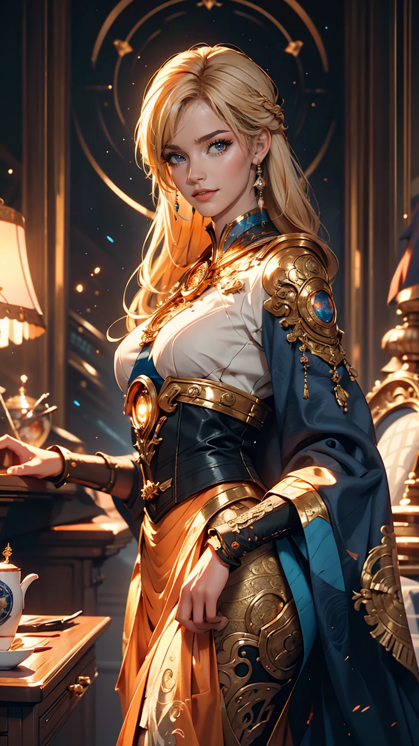 Female, 25 years old, Beautiful astronaut, 1950 , Deep blue eyes, Orange clotheetallic white details, Cinematic, photograph撮影, half Backlight, Backlight, Dramatic lighting , incandescent lamp, Soft lighting, Highly detailed and exquisite, Hypermaximalist, Non-style art by guweiz, Elegant pose, dynamic, photograph, Volumetric , Super detailed, Intricate details, A very detailed first piece by guweiz, Futuristic Environment