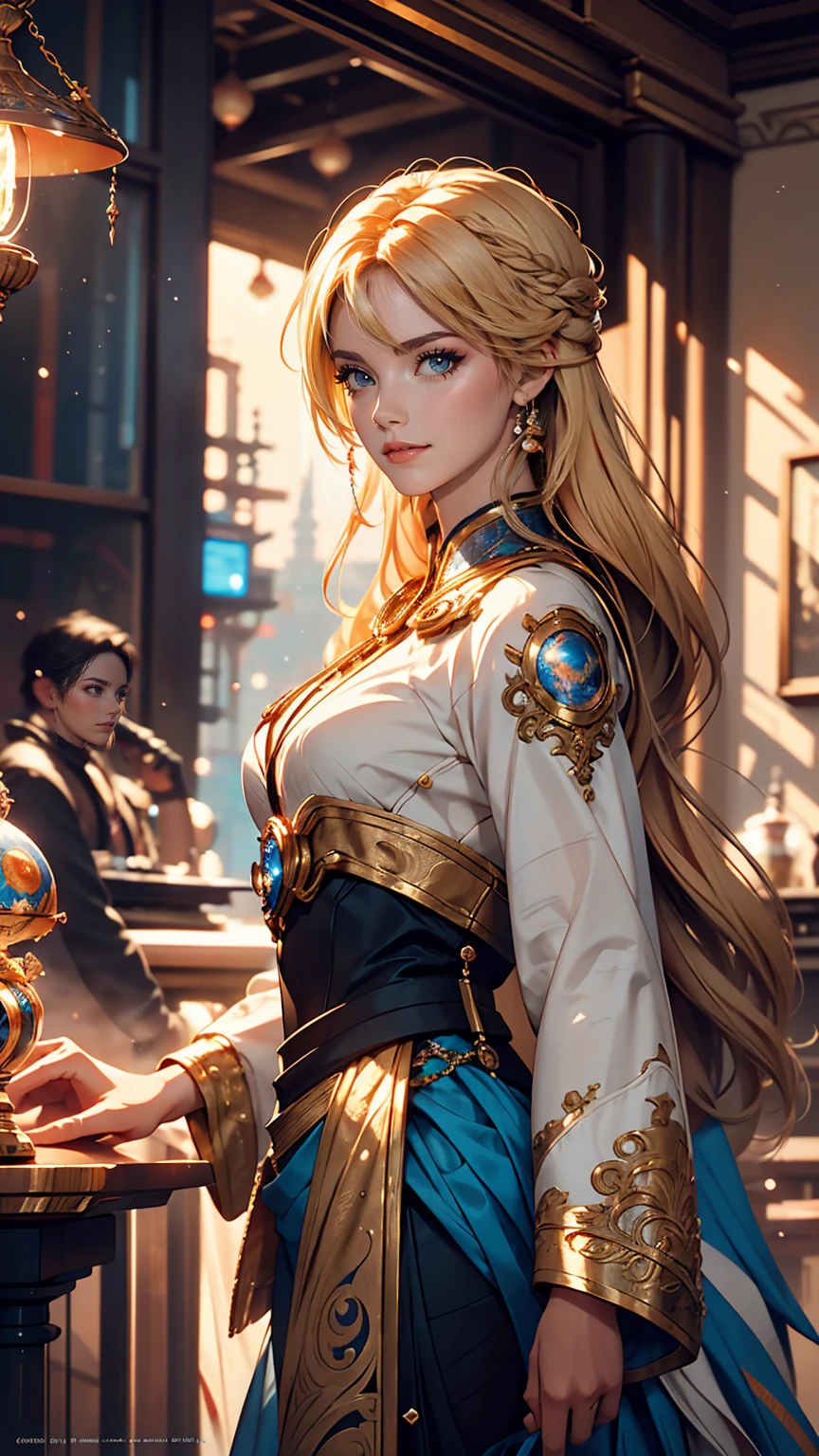 Female, 25 years old, Beautiful astronaut, 1950 , Deep blue eyes, Orange clotheetallic white details, Cinematic, photograph撮影, half Backlight, Backlight, Dramatic lighting , incandescent lamp, Soft lighting, Highly detailed and exquisite, Hypermaximalist, Non-style art by guweiz, Elegant pose, dynamic, photograph, Volumetric , Super detailed, Intricate details, A very detailed first piece by guweiz, Futuristic Environment