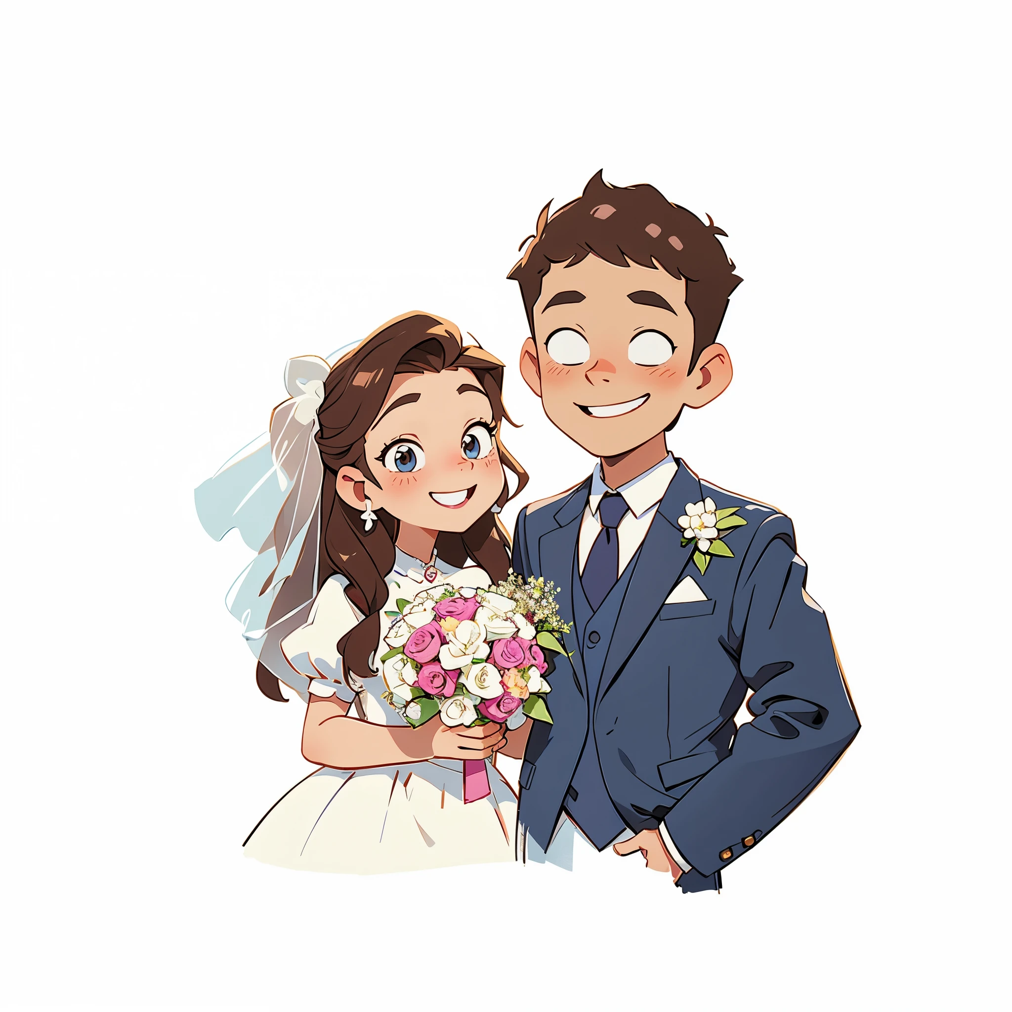 Bride and groom holding a bouquet of flowers, lovely couple, happy couple, Bride and groom, couple pose, Flowers in hand, , cartoon style illustration, couples portrait, couple portrait, cartoon style, wedding, Cartoon art style, hand painted Cartoon art style, smiling couple, Official Fanart, couple, High-quality fanart, wedding photo, There are flowers, no background, White background