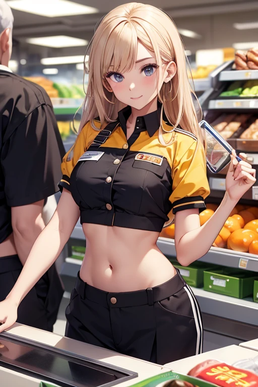 Cashier girl, crop top cashier uniform, showing navel,  supermarket, behind the cashier, 