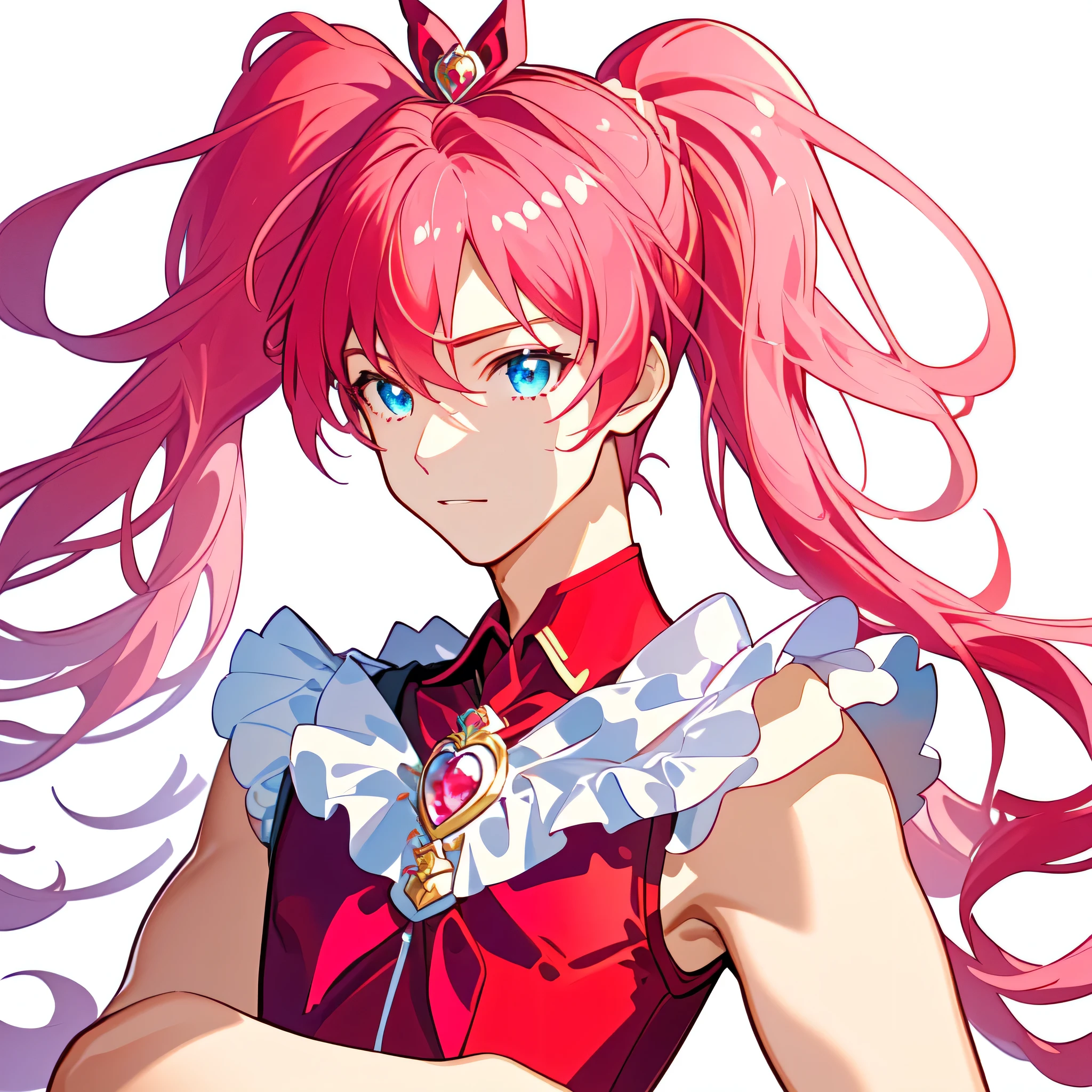 Close-up of a  boy wearing a red and pink crop top dress with a brooch、solo、Official artwork、He has long red-pink hair、boy with long pink hair、Blue Eyed Boy、Two Side Up Hair、red hair bow、Long legs、solo、Red layered ruffle mini skirt、Black thigh-high socks、Red High Heels、Bare shoulders、Red Wrist Cuffs、Cool Magic Boy、Official character art、Splash art anime、style of Magic Boy、Full body close-up、Official Fan Art、Anime Moe Art Style、Happy!!!、!!Full body portrait!!、Official character illustration、sparkling Magic Boy、Heavenly Aura、Prince of Ruby、Hymn to the King as a Prince、Magic Boy、portrait of Magic Boy、Cowboy Shot、Pink iconic character、