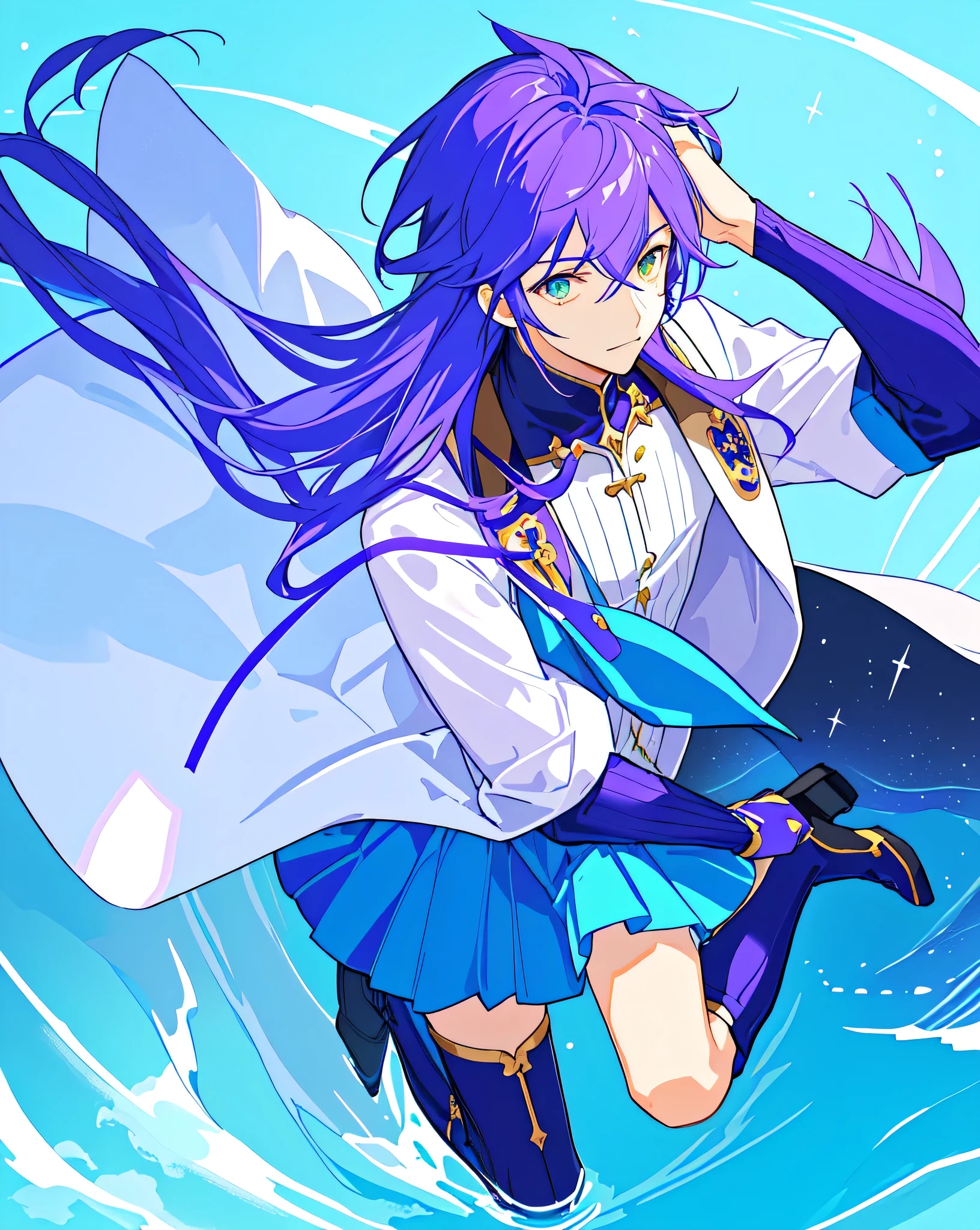 Close-up of a boy wearing a purple and blue one-piece dress with a brooch、solo、Official artwork、He has long cyan-purple hair、Boy with long purple hair、Yellow eyed boy、One-sided up-up hair、Long legs、solo、Blue layered ruffle mini skirt、Blue thigh-high boots、Blue heel boots、Puffy, round sleeves、Purple Arm Warmer、Cool Magic Boy、Official character art、Splash art anime、style of Magic Boy、Full body close-up、Official Fan Art、Anime Moe Art Style、Happy!!!、!!Full body portrait!!、Official character illustration、sparkling Magic Boy、Heavenly Aura、Sapphire Prince、Hymn to the King as a Prince、Magic Boy、portrait of Magic Boy、Cowboy Shot、Blue&#39;s iconic character、