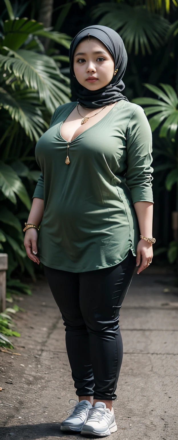 1 malay-Indonesia girl, modern plain hijab, shy, medium portrait, watery eyes, wearing dark green kebaya, ((big breasts)), black bokeh background, well-proportioned body,, chubby massive thighs, full body pose, wearing a necklace , wearing 10 bracelet , wearing a sneaker