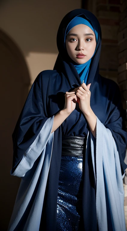 1girl,Robe with clothes,All over the body blue robe,The whole body is dressed in black,wearing a hijab,Beautiful Women