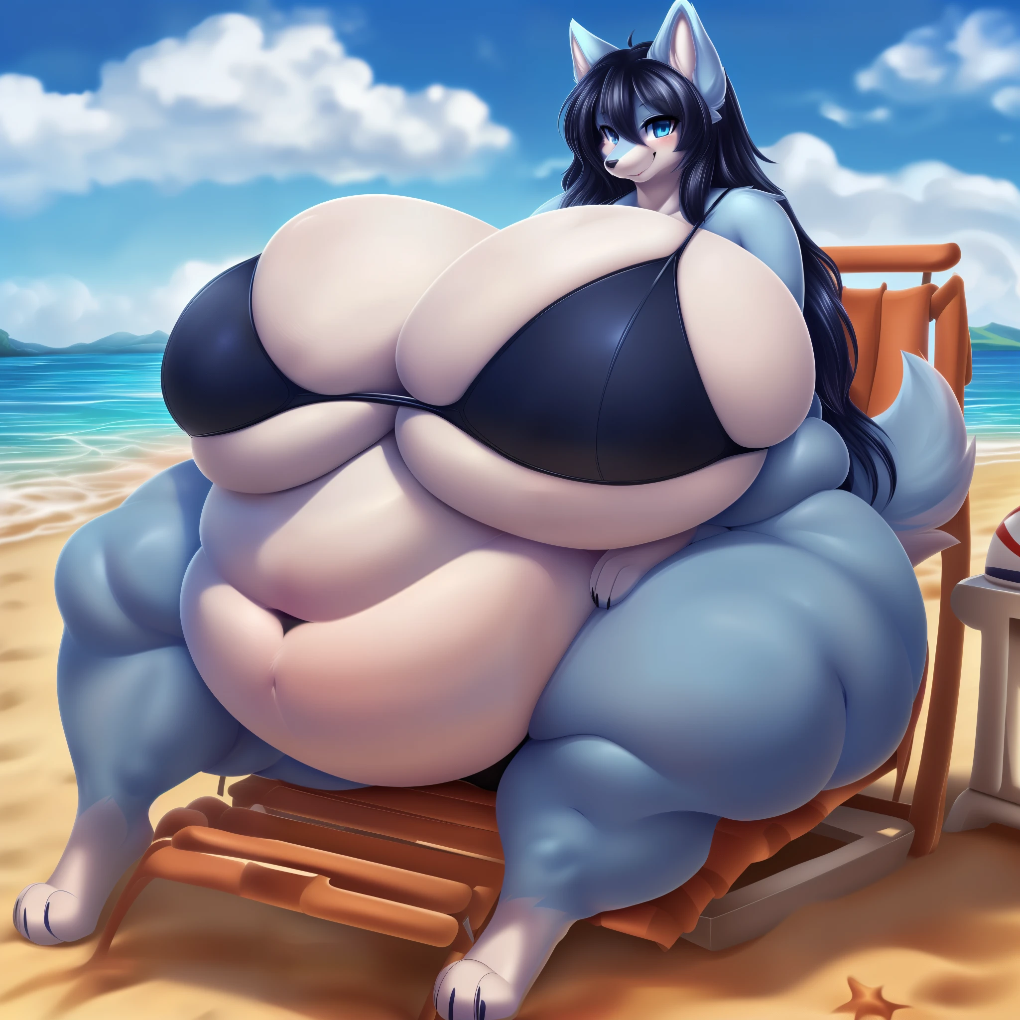 (sfw, 8K, Masterpiece, high resolution, super fine illustration, detailed background:1.5), (mannish, cool:2.25), beautiful, fluffy, perfect anatomy, (solo, blue eyes, 1 female lightblue wolf kemono:1.5), (full body, tall:1.2), (navy hair, medium-long hair, extra large tight black bikini:1.75), (topheavy, huge breasts:2.1), (thicc, plump:1.8), (big belly:1.3), (navel visible), (thick thighs:1.85), (wide hips, huge ass:1.75), (fat, muffintop, lovehandle:1.85), at beach, (sexy, tempting, seductive:1.5), smirk, looking at viewer, spread breasts, (full smile:1.35), (wide belly, soft belly:1.25), (spread legs, sitting on a beach chair:1.5)