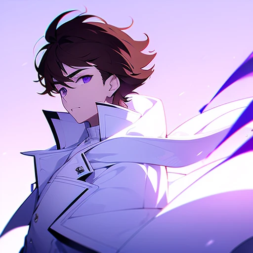 brown hair, purple eyes and white skin boy using a white coat (far from the cam) slightly arrogant