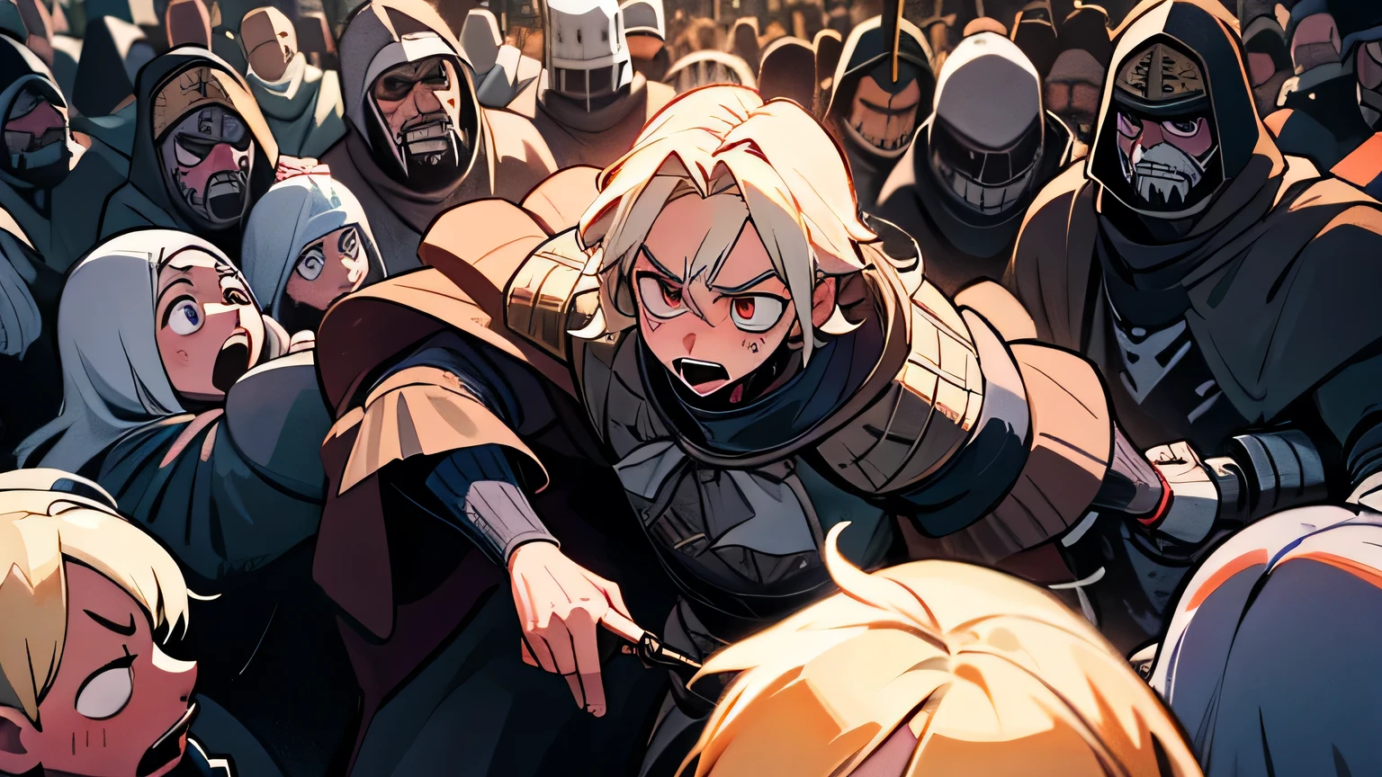 frightened knights, crowd, impressed expression, all male