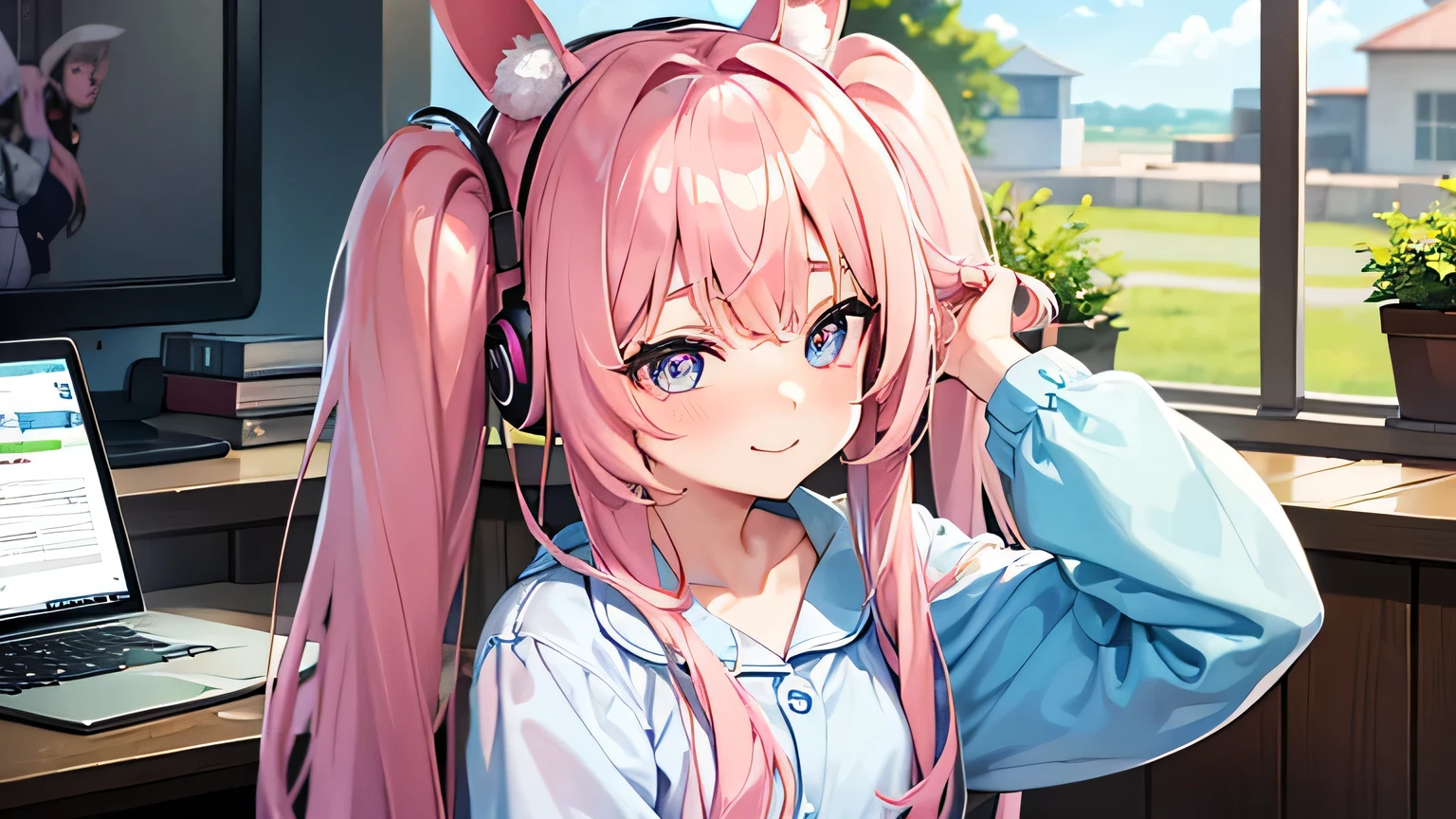 masterpiece , best quality , high resolution , cute , one person , pale skin , Pink hair , long hair , twin tails , straight hair ,(megami magazine) , , plump , smile , embarrassed , Blue eyes , heart shaped pupils , jumping, arms behind head
後から, Looking over your shoulder, Streaming, headset, Pink Shirt, Sitting, Chair, Laptop, indoor, room , computer , Sleepy face , Rabbit pattern , pajamas