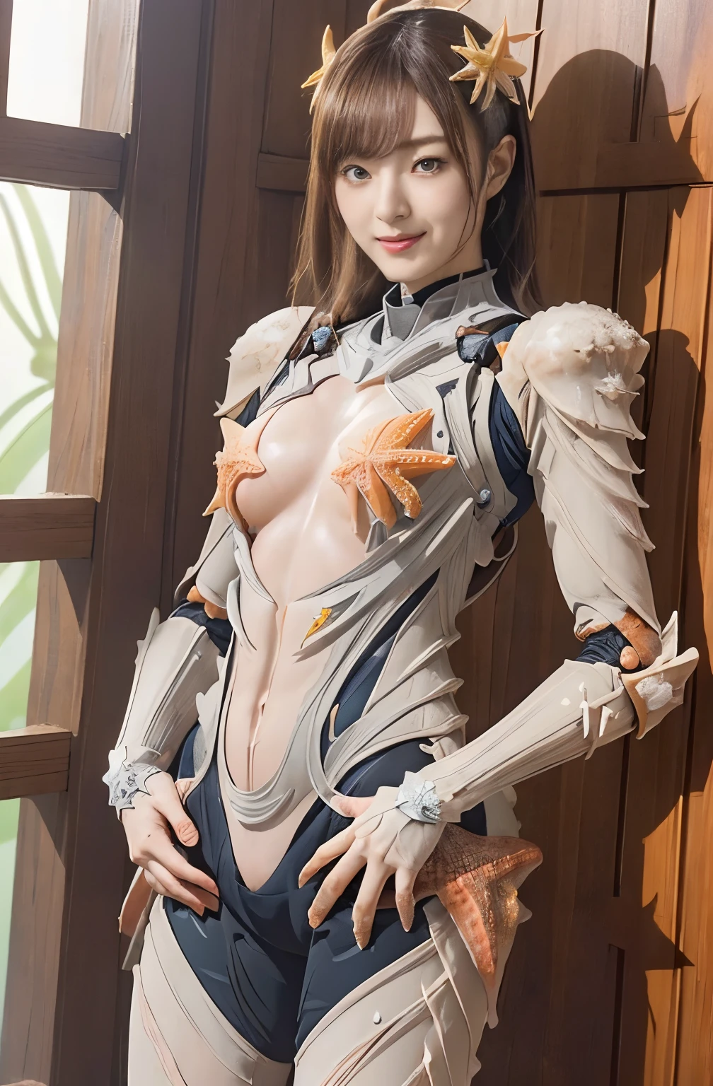 (high resolution,masterpiece,best quality,extremely detailed CG, anime, official art:1.4), realistic, photo, amazing fine details, all intricate, gloss and shiny,awesome many layers, 8k wall paper, 3d, sketch, kawaii, illustration,( solo:1.4), perfect female proportion,villainess, (fusion of starfish and lady:1.4), (starfish form lady:1.2), (queen starfish lady:1.2), (fusion:1.2), (solo:1.4), (evil smile:1.2), muscular, abs, (starfish exoskeleton bio insect suit:1.4), (starfish exoskeleton bio insect armor:1.2), (starfish antennae:1.3),