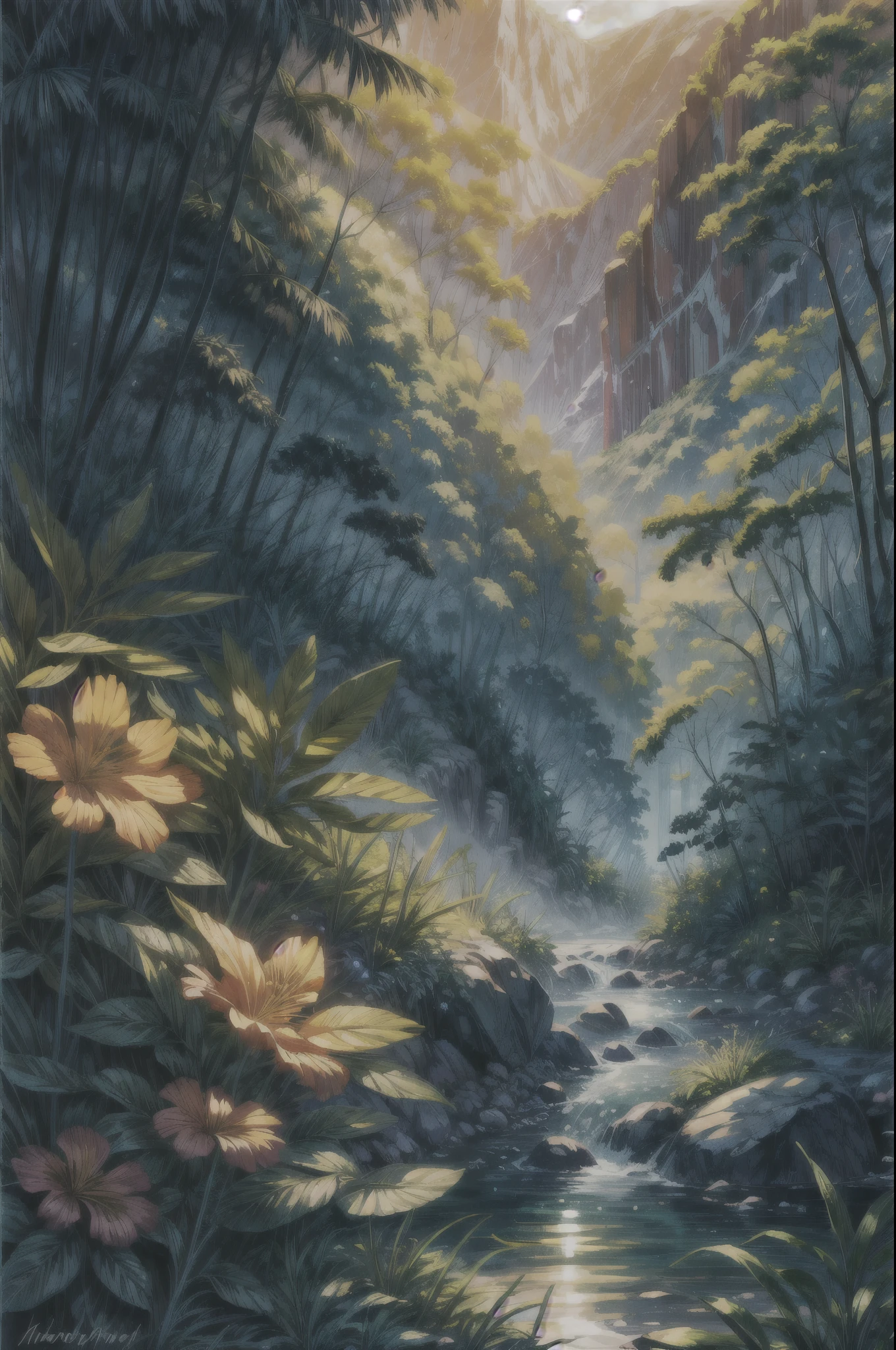 mountain valley, tropical forest, river, flowers, sunset, soft beams of light, soft shadows,