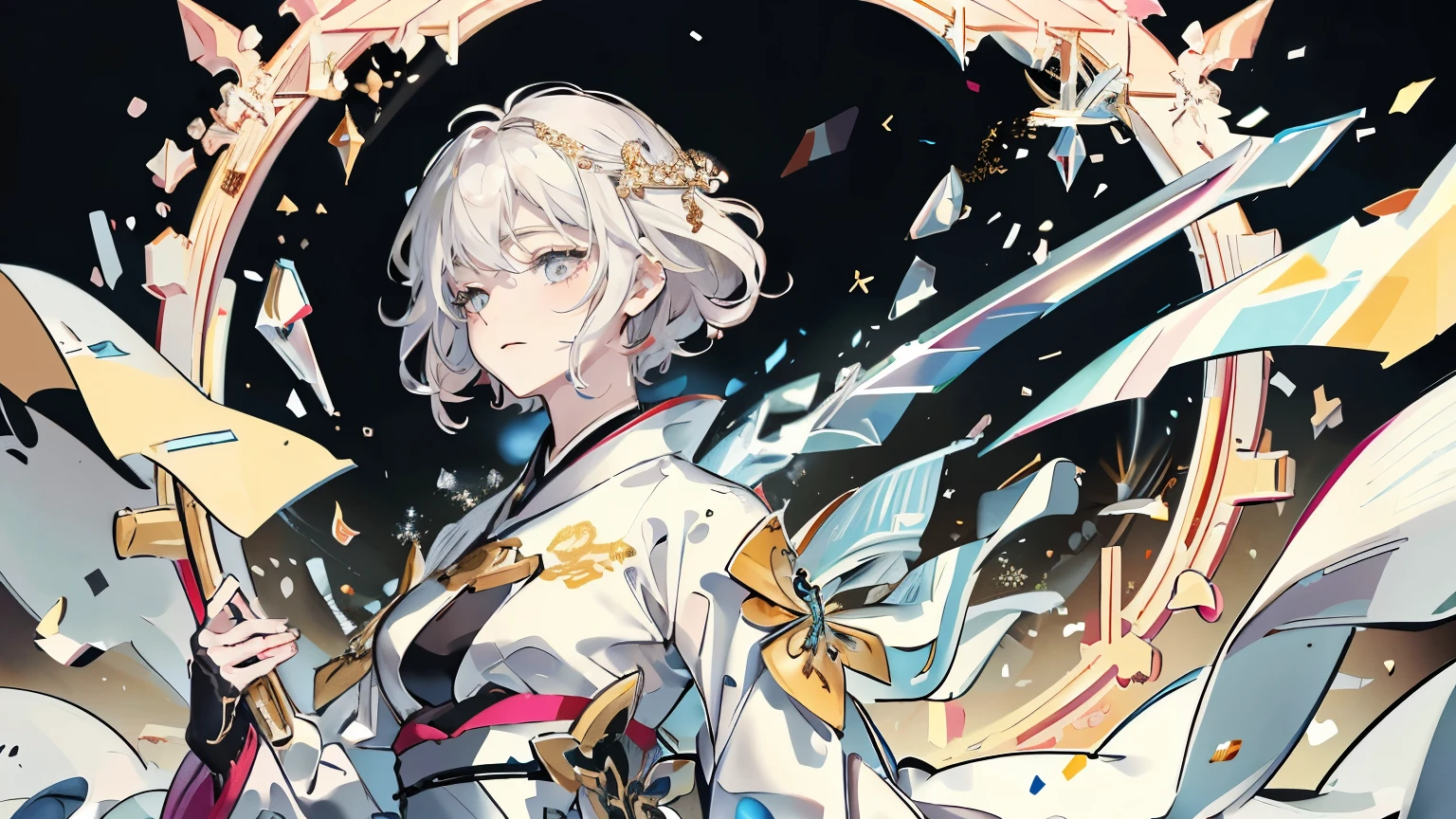 Background of Details(Frozen City),break ,Fancy costumes(High-end kimono(Black kimono(Detailed embroidery(Blanche,gold medal)))),break,(1. Beautiful and elegant adult woman(A shy smile)(Beautiful Japanese actresses)(Pink Hair(short hair))),(Coming out of the ice circle(Ice-Clad Sword),break,Wallpapers 16K,Blur the background,)(,highest quality,),whole body,Fighting posture with a Japanese sword