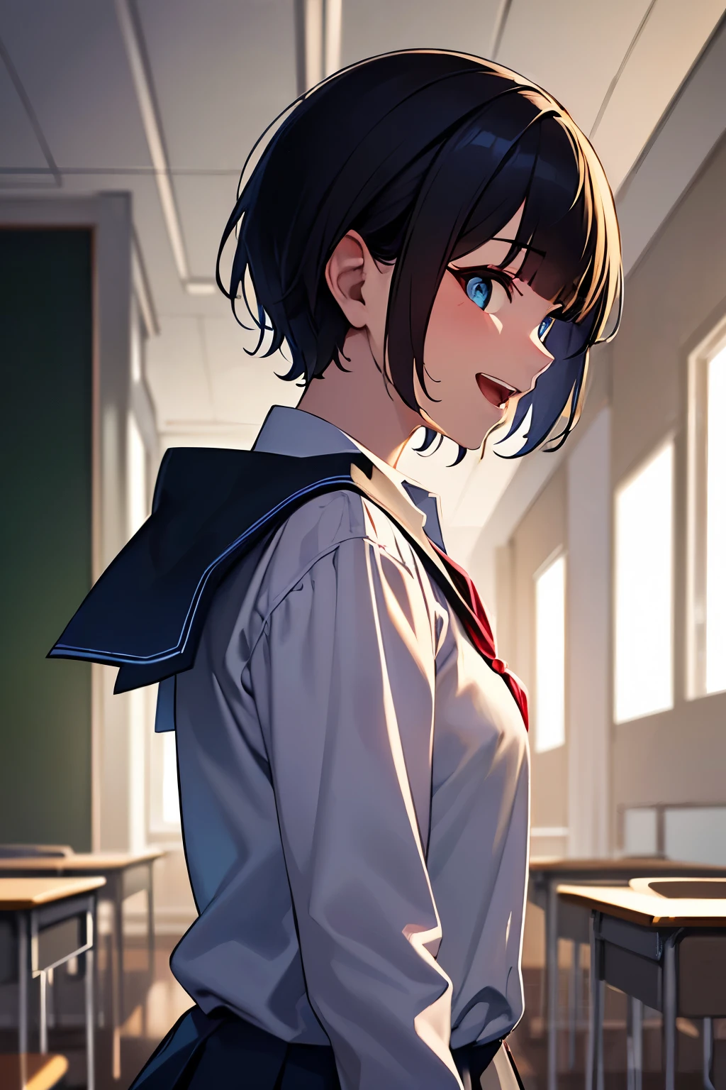 (master piece, best quality, detailed), (1 beautiful girl), (solo:1.3),((blunt bangs)),((black hair)),((Blue eyes)), ((shoulder length hair:1.2,short hair)),************, (laughing:1.3), (small breast), (school uniform:1.3), from side, looking at viewer, 
BREAK  ((extremely detailed 8k illustration)), highres, (extremely detailed and beautiful background), ultra detailed painting, Ultra-precise depiction, Ultra-detailed depiction, (beautiful and aesthetic:1.2), HDR, (depth of field:1.4), colorful, vivid, beautiful detailed glow light particles, intricate:1.4, BRAK (Classroom:1.3)