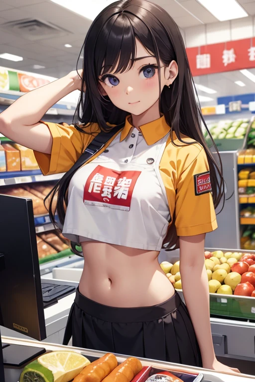 Cashier girl, crop top cashier uniform, showing navel, supermarket, behind the cashier,