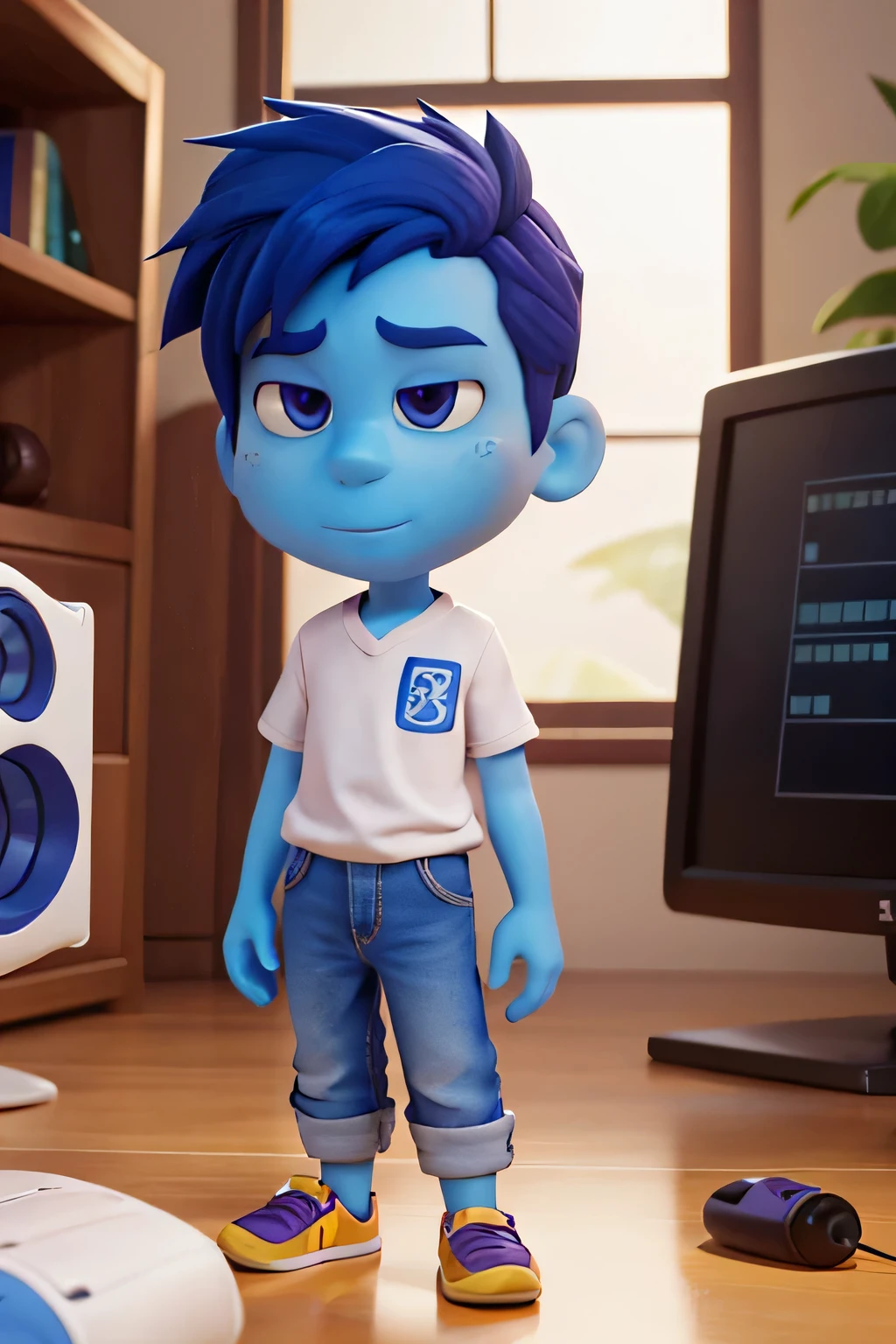 Make a programmer on your pc, he is a pixar character, tem o cabelo e pele azul, your skin is blue or purple
