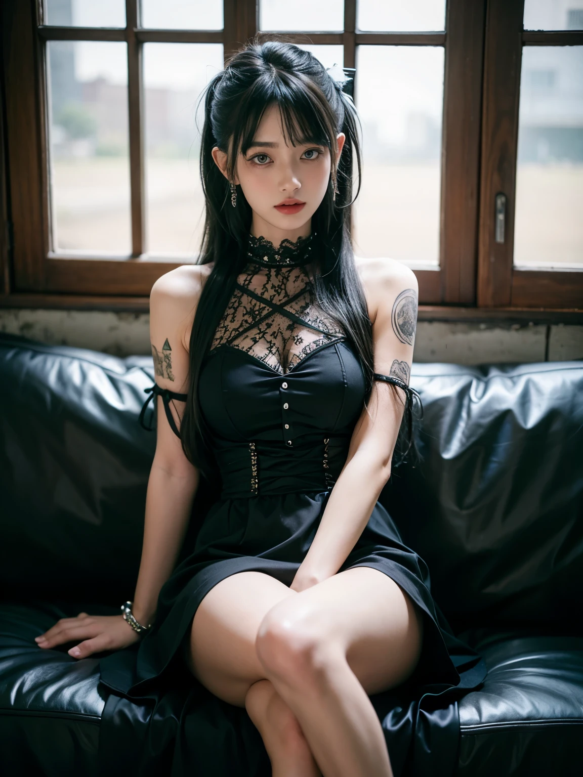 Breathtaking, 1 girl, slender, mullet hairstyle, Gothic_punk dress, masterpiece, best quality, RAW Photos, Fine texture background, sad