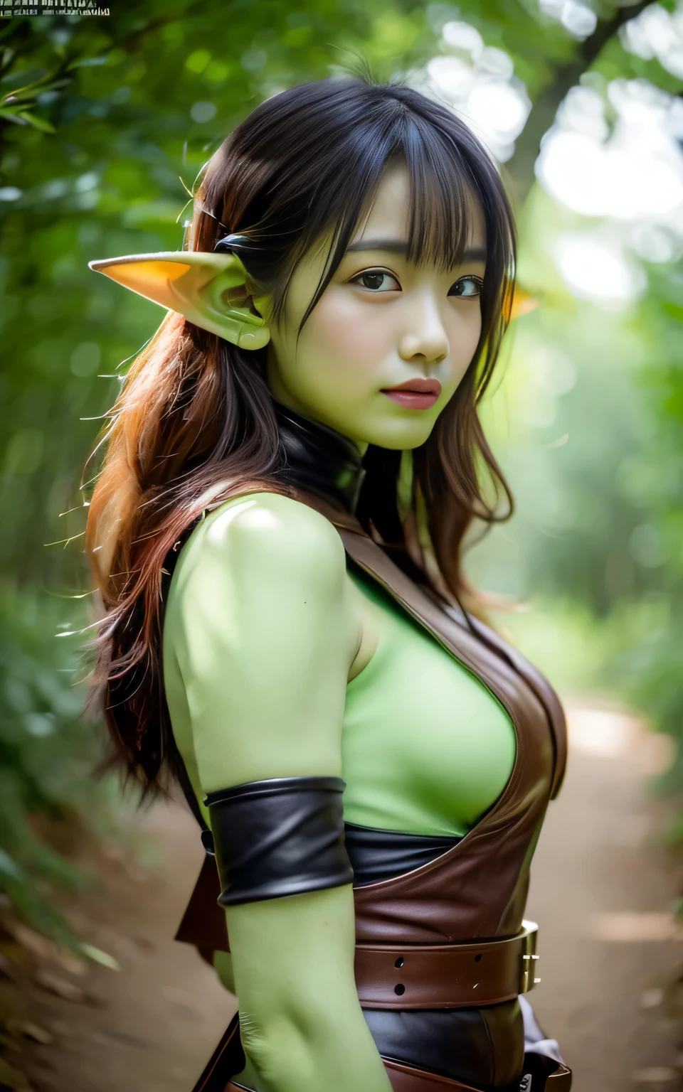 (8K quality、High resolution、Ultra-detailed、最high quality、masterpiece、high quality、Perfect dynamic composition,Gravure photo、Realistic:1.3)、Perfect lighting、One Goblin Woman、Detailed face、Detailed skin、Detailed eyes、Beautiful Face、(Full Body Shot、Otherworldly fantasy:1.3)、Green Skin、Green body、Green Hair、Pointed Ears、Stolen equipment、Leather Armor、forest