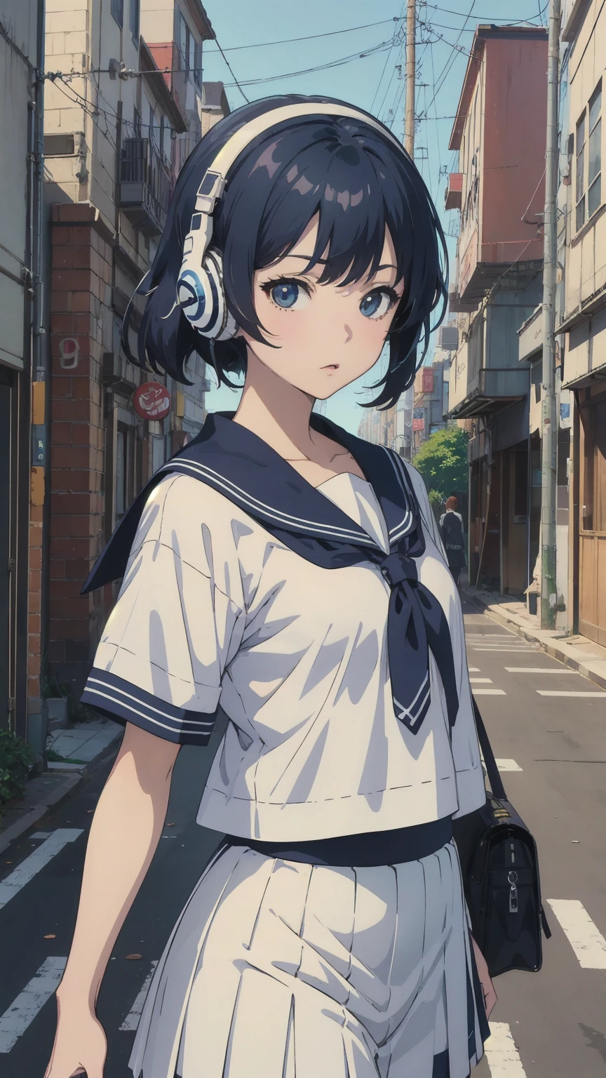 90s City Pop Art、City Pop Style:1.5、Sketch Style、LOFI Girl、(Put on your old headphones:1.0),道を歩いているAnime Girls, Beautiful anime school girl, White Sailor Suit、Navy Skirt:1.0、Cute girl anime visuals, 長い髪のAnime Girls, Smooth anime CG art, 若いAnime Girls, 魅力的なAnime Girls, Anime Style 4k, Surreal , Anime Art Wallpapers 8K, City Girl Fan Art, Anime Girls, Digital anime illustration、masterpiece、Retro art style