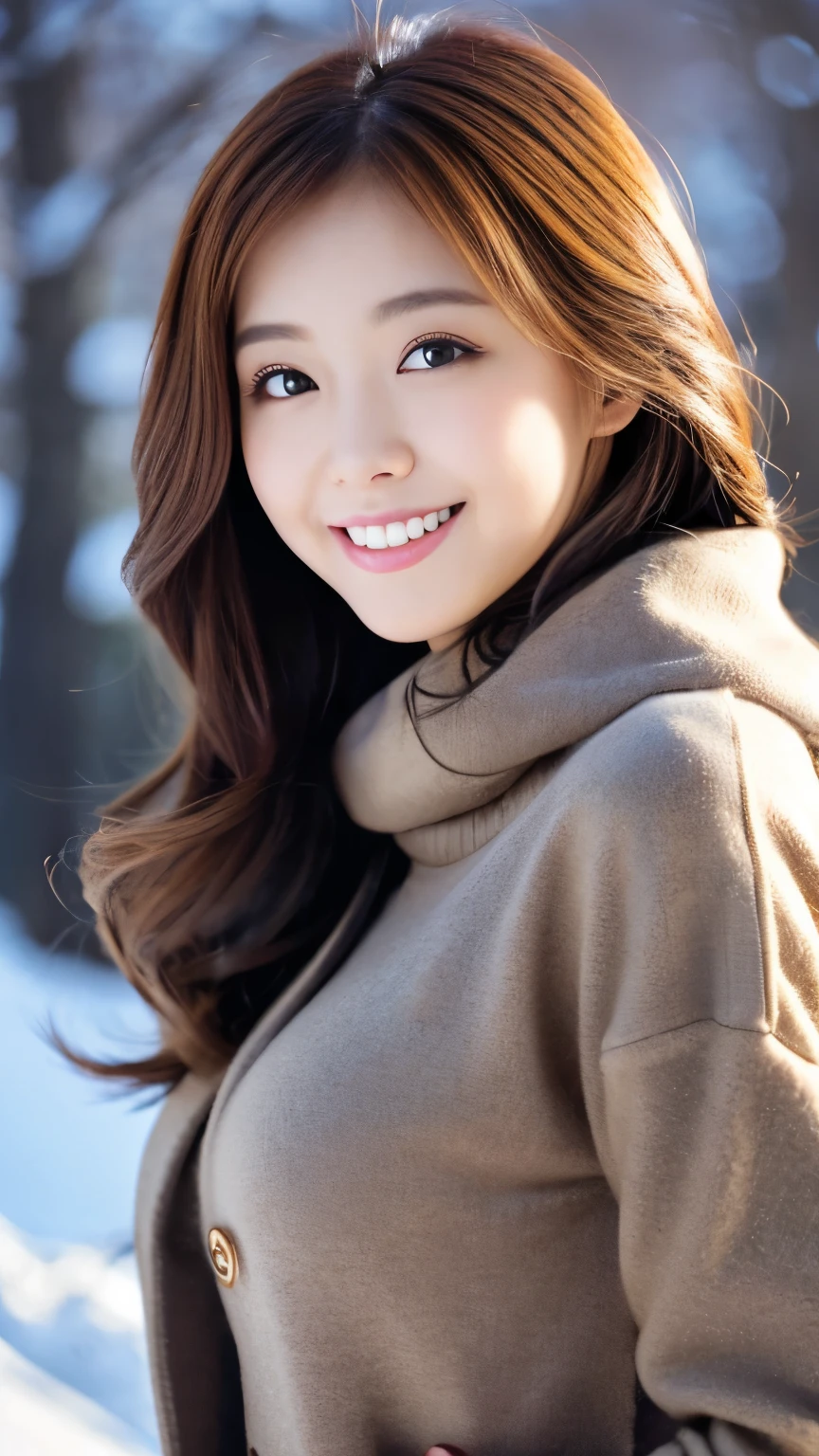 Tabletop, highest quality, shape, Very detailed, In detail, High resolution, 8k wallpaper, Perfect dynamic composition, Beautiful details, Winter casual wear,Medium Hair,Huge breasts,Natural color lip, Bold sexy pose,smile,Harajuku、20-year-old female、cute、sexy shot looking at camera,lift,Face close-up,