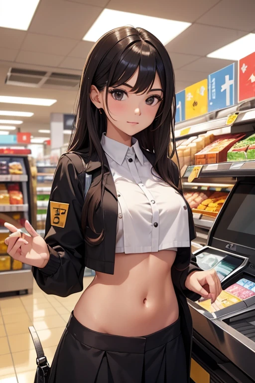 Cashier girl, crop top cashier uniform, showing navel, supermarket, behind the cashier, exposed abdomen area,