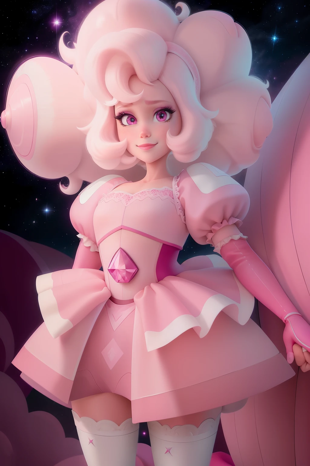 pnkdamond, pink hair, pink eyes, big hair, stomach gem, pink skin, toned,
puffy short sleeves, elbow gloves , white thighhighs, puffy dress,
standing, upper body,
outerspace,
(insanely detailed, beautiful detailed face,beautiful detailed eyes, masterpiece, best quality) cinematic lighting, smile,