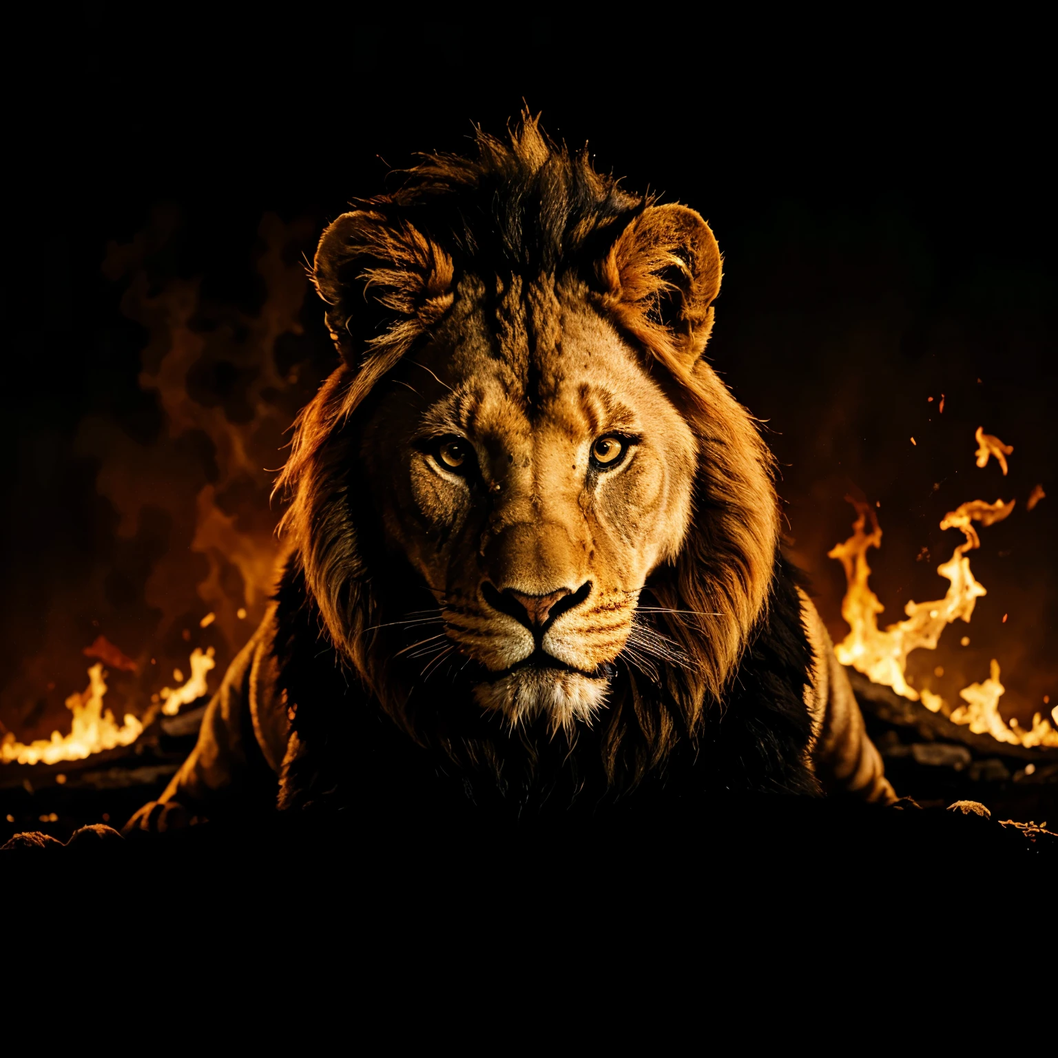 A ferocious lion, dark & orange background , black fire 