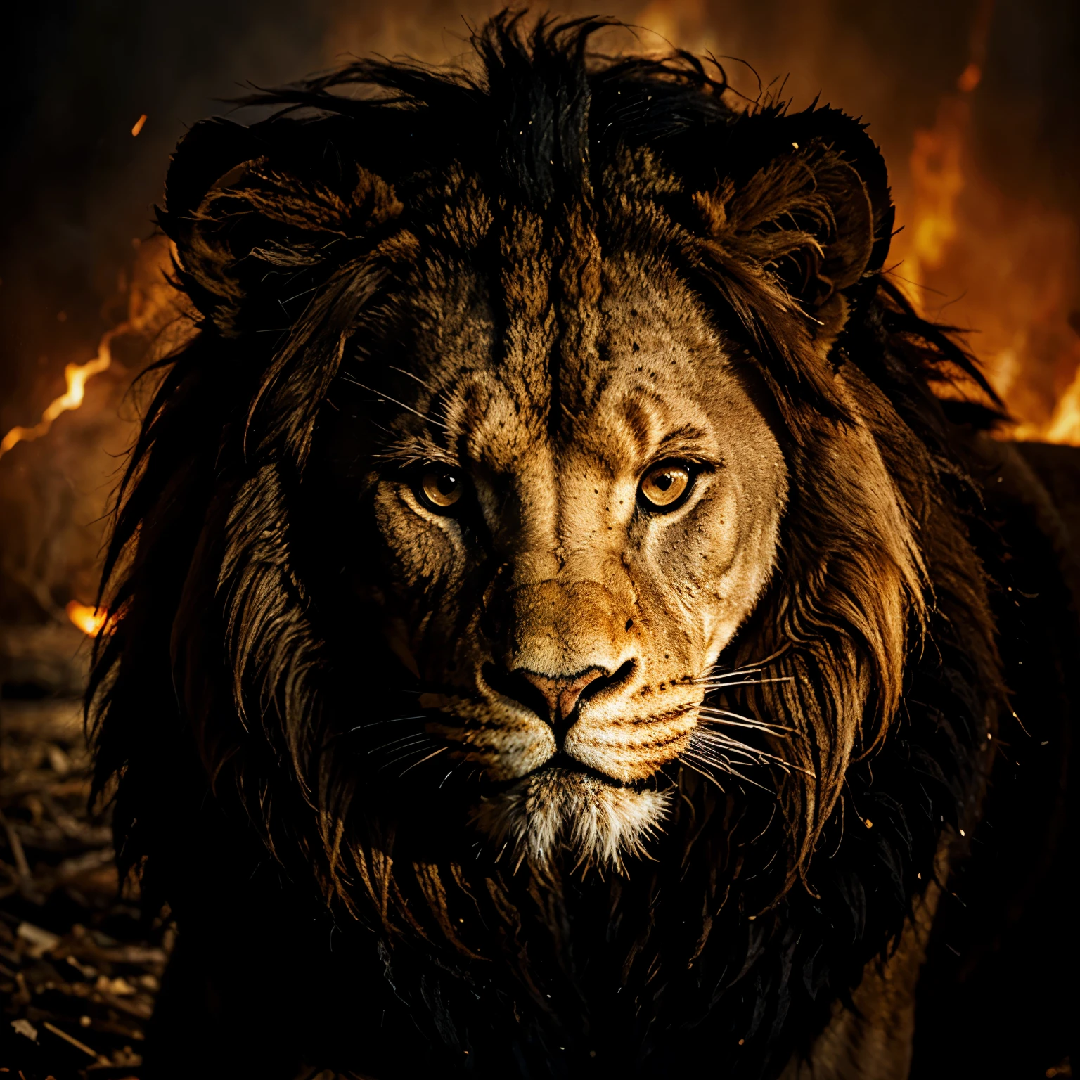 A ferocious lion, dark & orange background , black fire