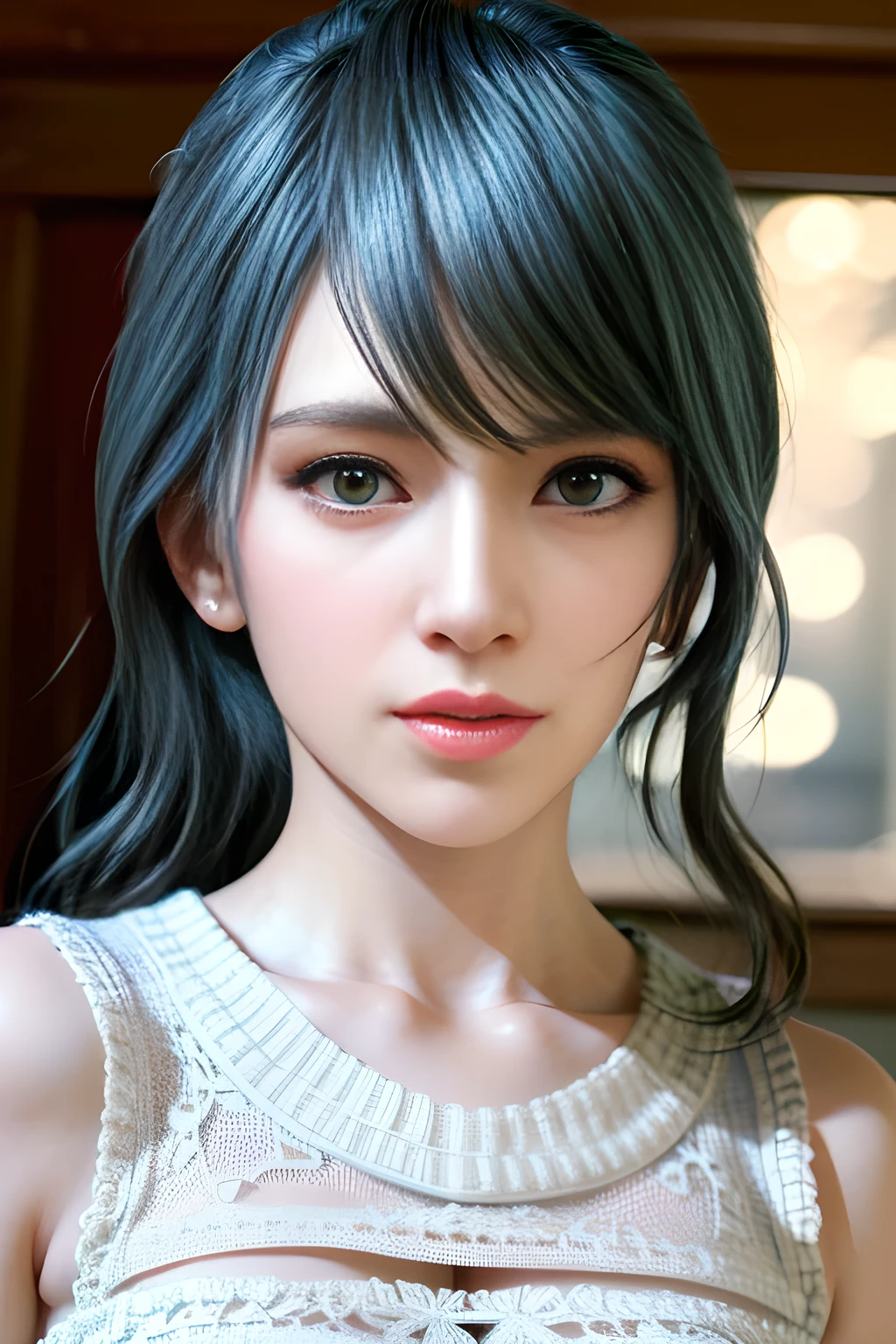 1girl, (best quality,4k,8k,highres,masterpiece:1.2),ultra-detailed,(realistic,photorealistic,photo-realistic:1.37), detailed eyes, detailed nose, detailed lips, sexy, top-down perspective, low-cut fluffy knitted white dress, elegant, detailed texture, warm fabric, under lighting, tamaki
