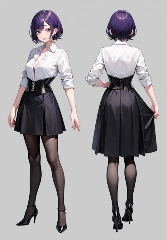 Purple hair,short hair,Adult female,(bartender),((Roll up your shirt sleeves)),(Rolling up the sleeves of his shirt),(corset),(skirt),(High heels),((Simple Background)),smile,((whole body)),((full body)),Character Sheet,