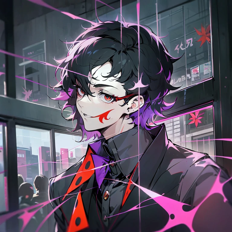 Person 5, Joker, Taking to the streets of Shibuya at night to hand out warning letters, It breaks through the windowpane of the building and leaves in style.