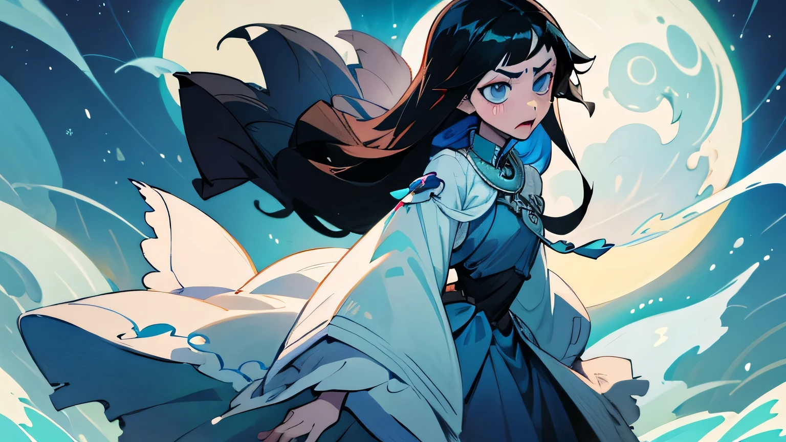 teen arabic clothing moon princess, long black hair, pale white skin, sea blue eyes, blue clothing, fear expression, cry face, close shot, helpless, hopeless, lost control, lost control, cry, weird hands, power