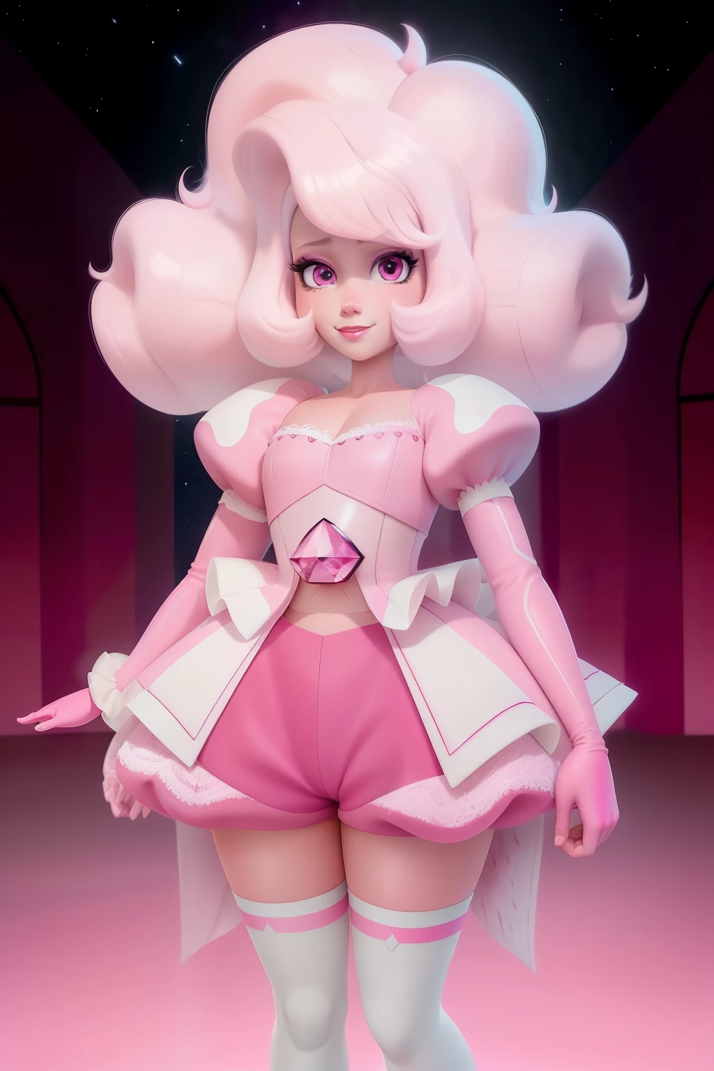 pnkdamond, pink hair, pink eyes, big hair, stomach gem, pink skin, toned,
puffy short sleeves, elbow gloves , white thighhighs, puffy dress,
standing, upper body,
outerspace,
(insanely detailed, beautiful detailed face,beautiful detailed eyes, masterpiece, best quality) cinematic lighting, smile,