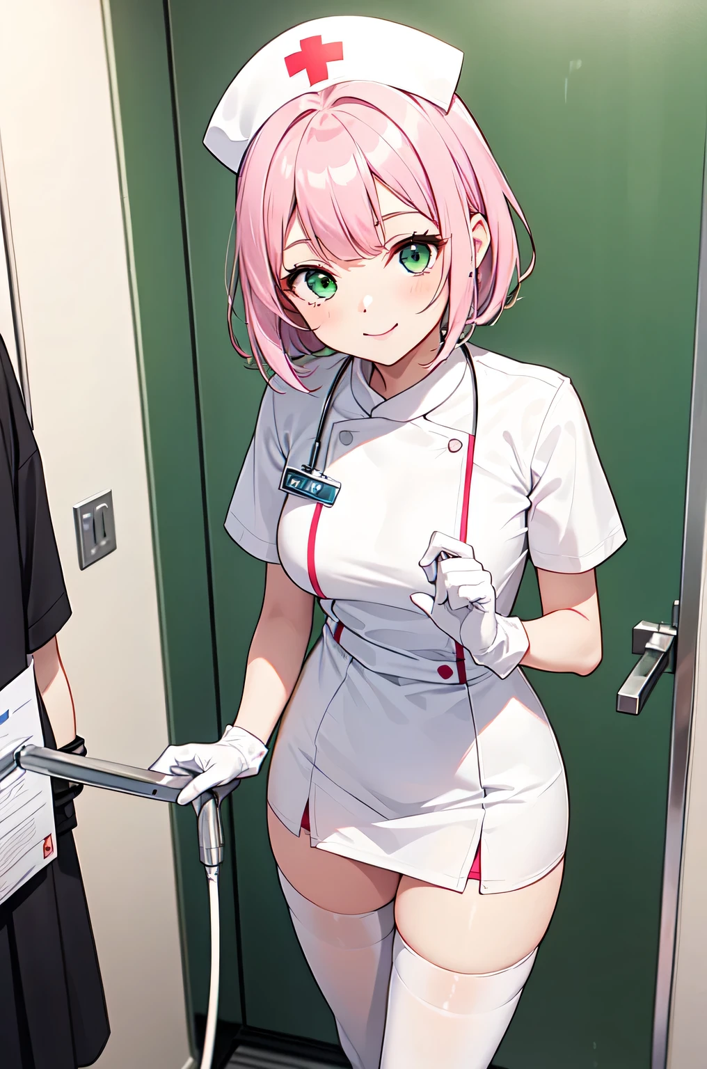 1girl, solo, nurse, white nurse cap, white nurse uniform, ((white legwear, zettai ryouiki)), white gloves, pink hair, green eyes, drooping eyes, smile, standing, ((hospital room)), sharp outline, short sleeves, best quality, masterpiece