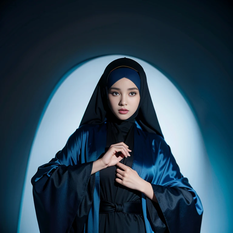 1girl,Robe with clothes,All over the body blue robe,The whole body is dressed in black,wearing a hijab,Beautiful Women