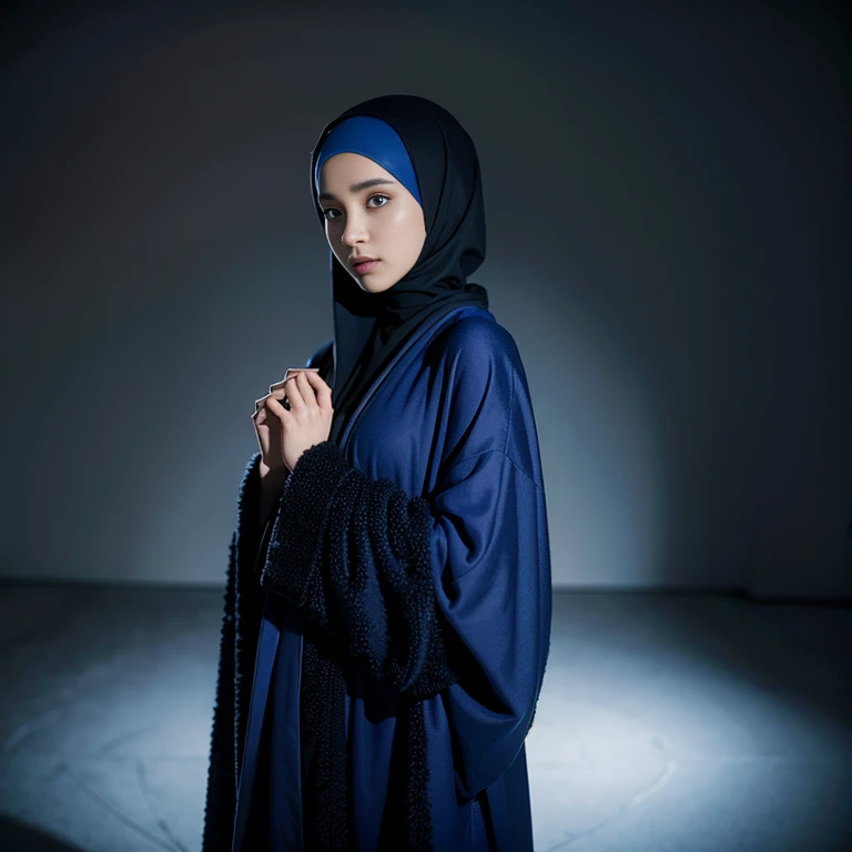 1girl,Robe with clothes,All over the body blue robe,The whole body is dressed in black,wearing a hijab,Beautiful Women